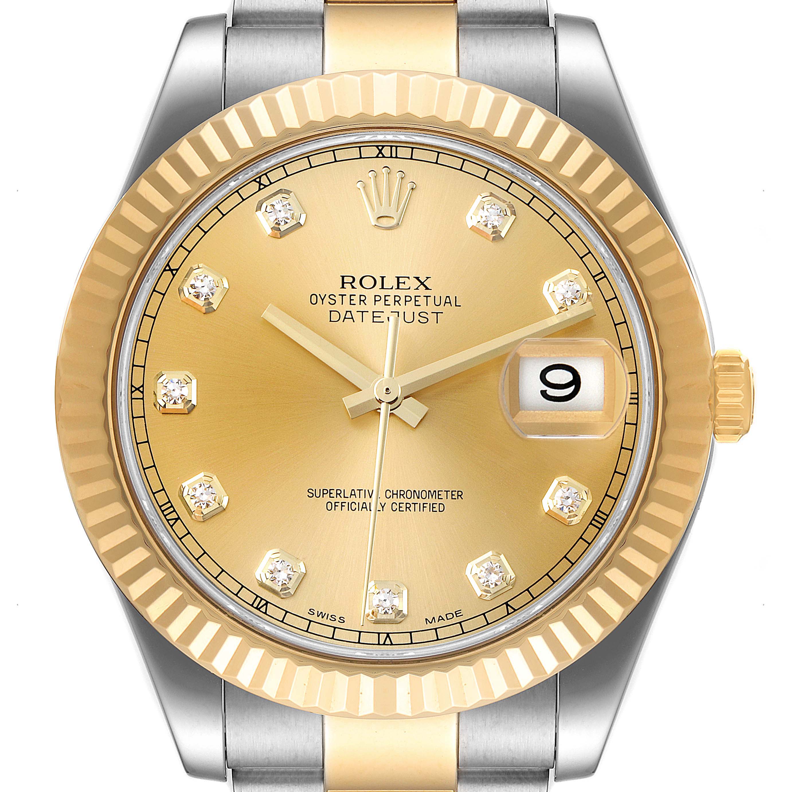 The image shows a frontal view of a Rolex Datejust 41 116333 Men's Steel and Gold (two tone) Champagne Dial 116333 Men's Steel and Gold (two tone) Champagne Dial watch, highlighting its gold dial, diamond hour markers, and fluted bezel.