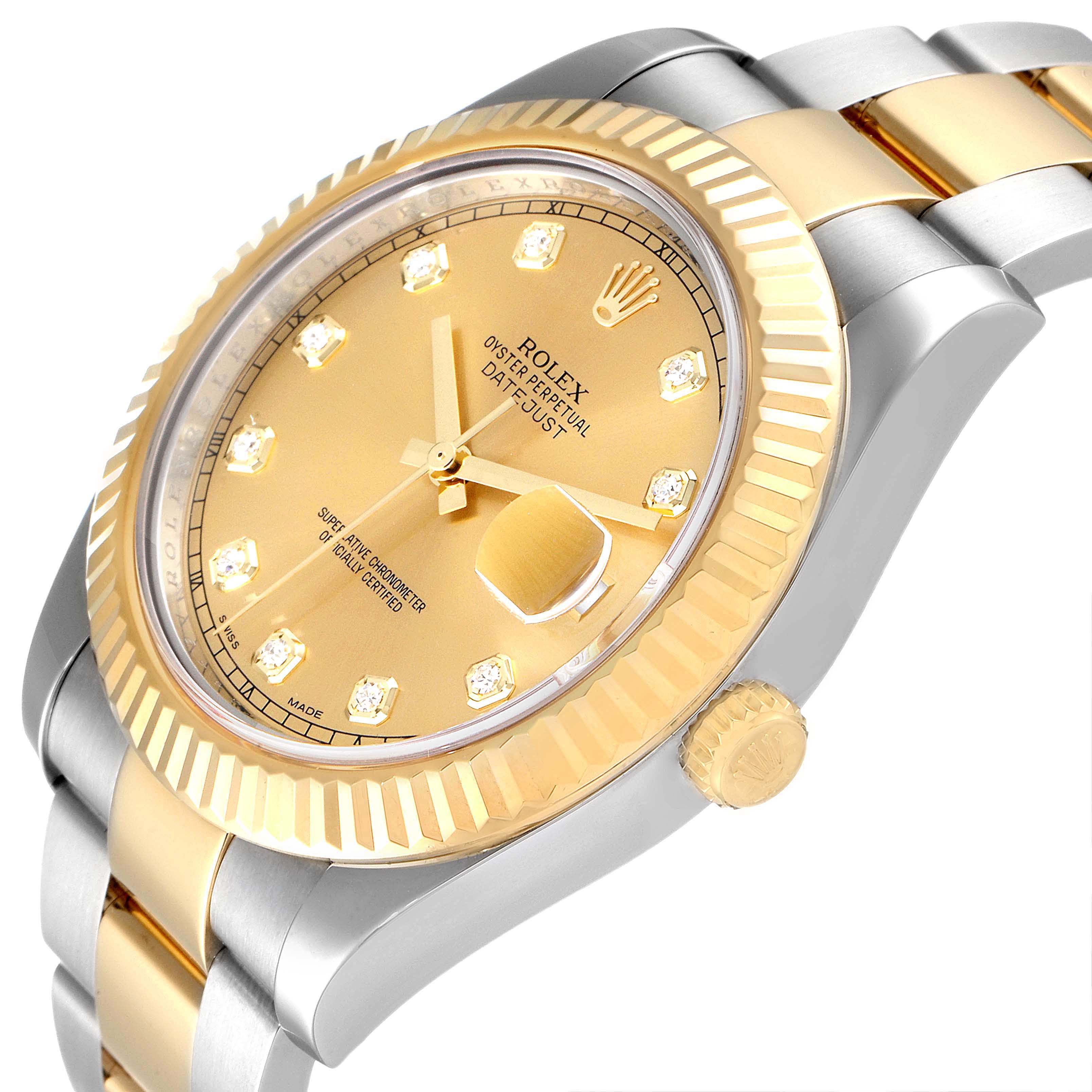 The image shows a Rolex Datejust 41 116333 Men's Steel and Gold (two tone) Champagne Dial 116333 Men's Steel and Gold (two tone) Champagne Dial watch's dial, bezel, crown, and part of its bracelet from a slightly angled side view.