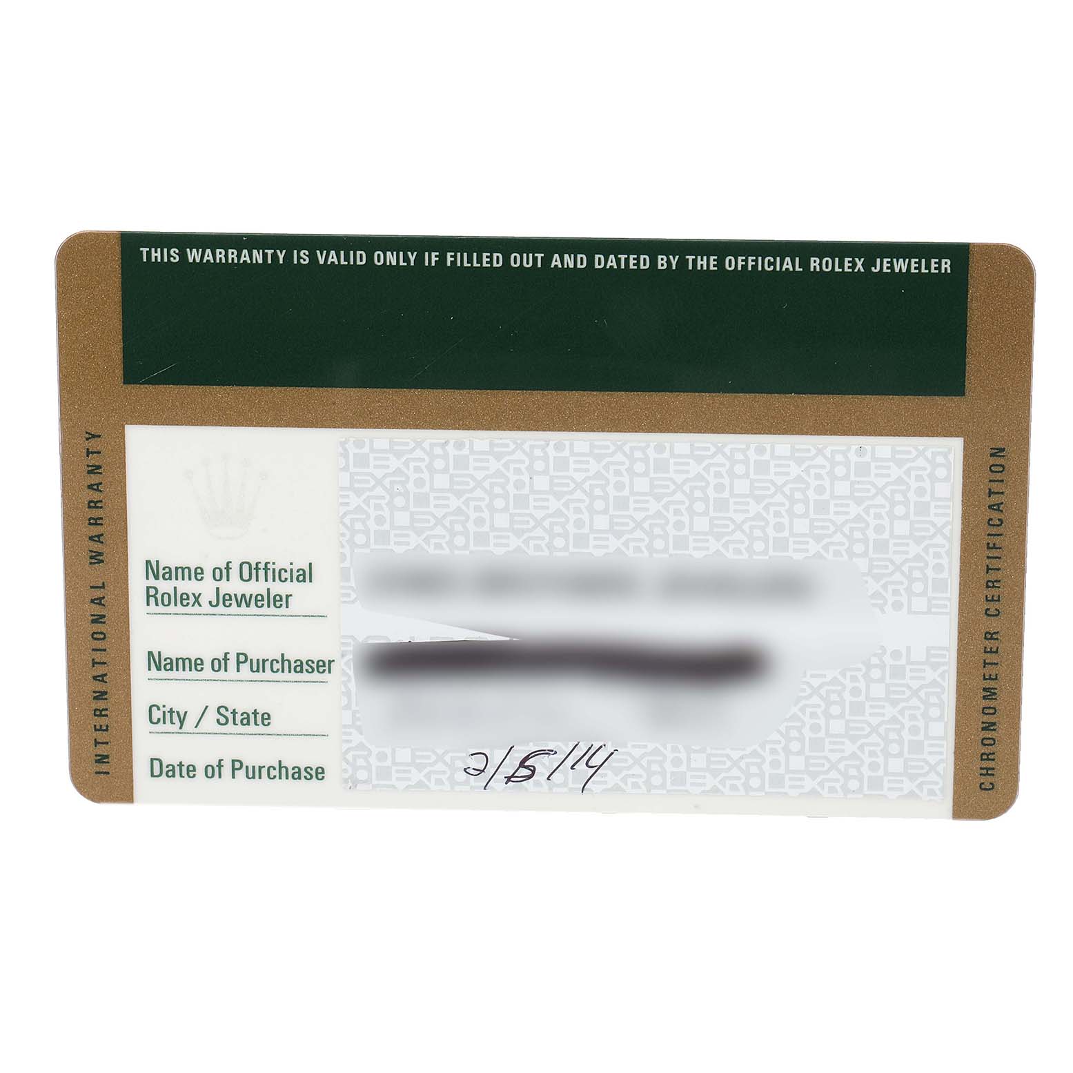 This image shows the warranty card for the Rolex Datejust 41 116333 Men's Steel and Gold (two tone) Champagne Dial 116333 Men's Steel and Gold (two tone) Champagne Dial watch, displaying warranty information fields.