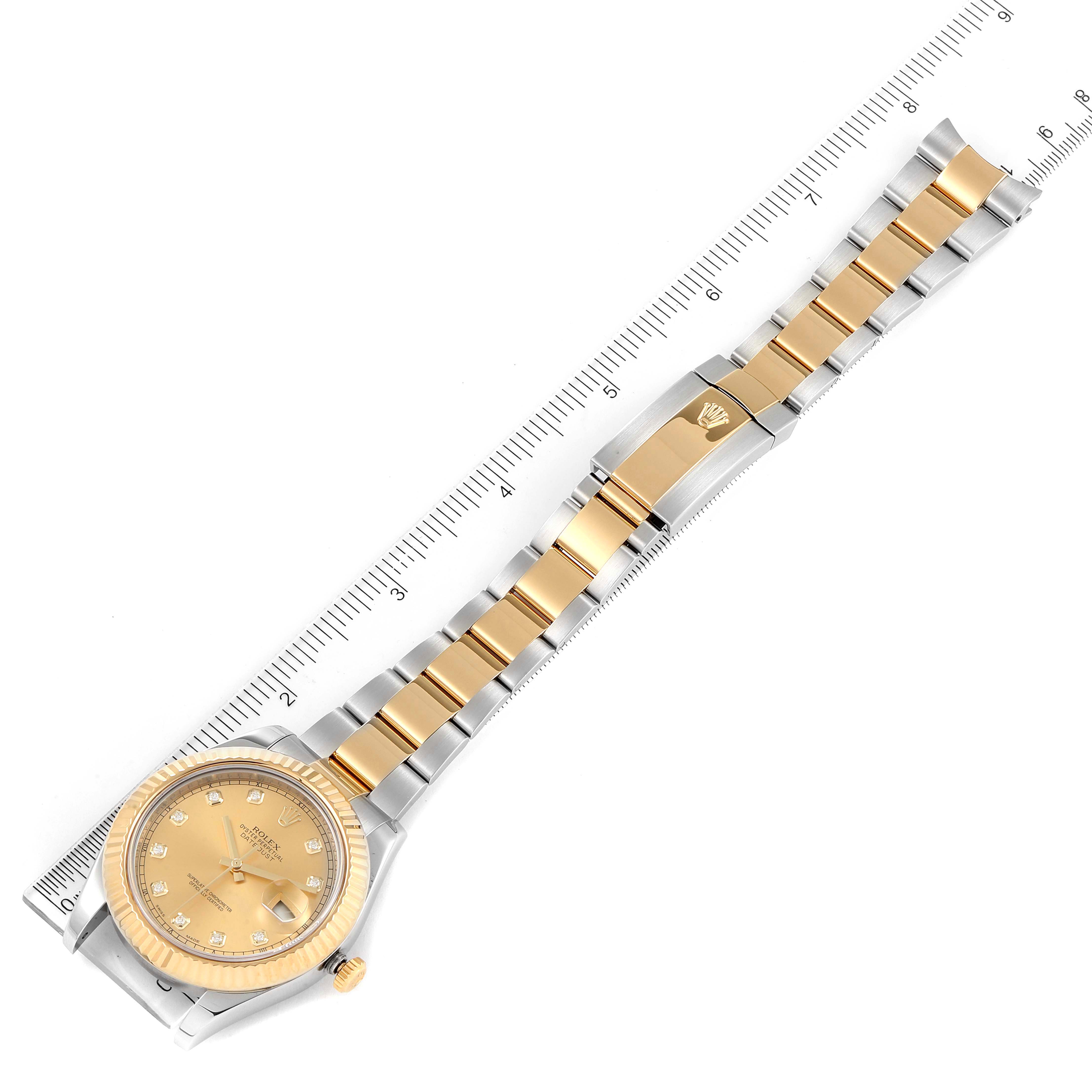 The image shows a Rolex Datejust 41 116333 Men's Steel and Gold (two tone) Champagne Dial 116333 Men's Steel and Gold (two tone) Champagne Dial watch laid flat, highlighting its face, bezel, and bracelet with a measuring ruler in the background.