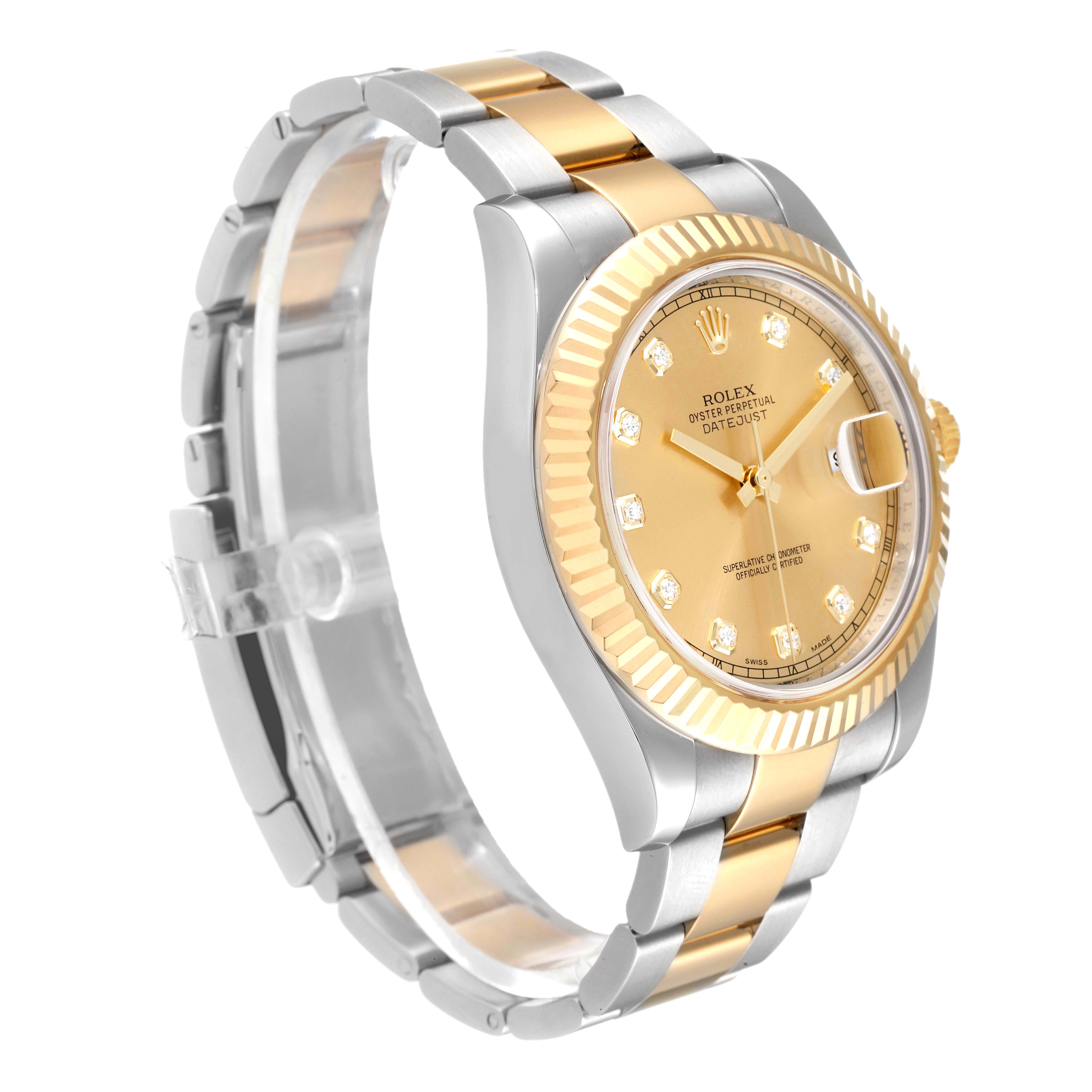 The Rolex Datejust 41 116333 Men's Steel and Gold (two tone) Champagne Dial 116333 Men's Steel and Gold (two tone) Champagne Dial watch is shown from an angled side view, highlighting its gold and silver design, fluted bezel, and bracelet.