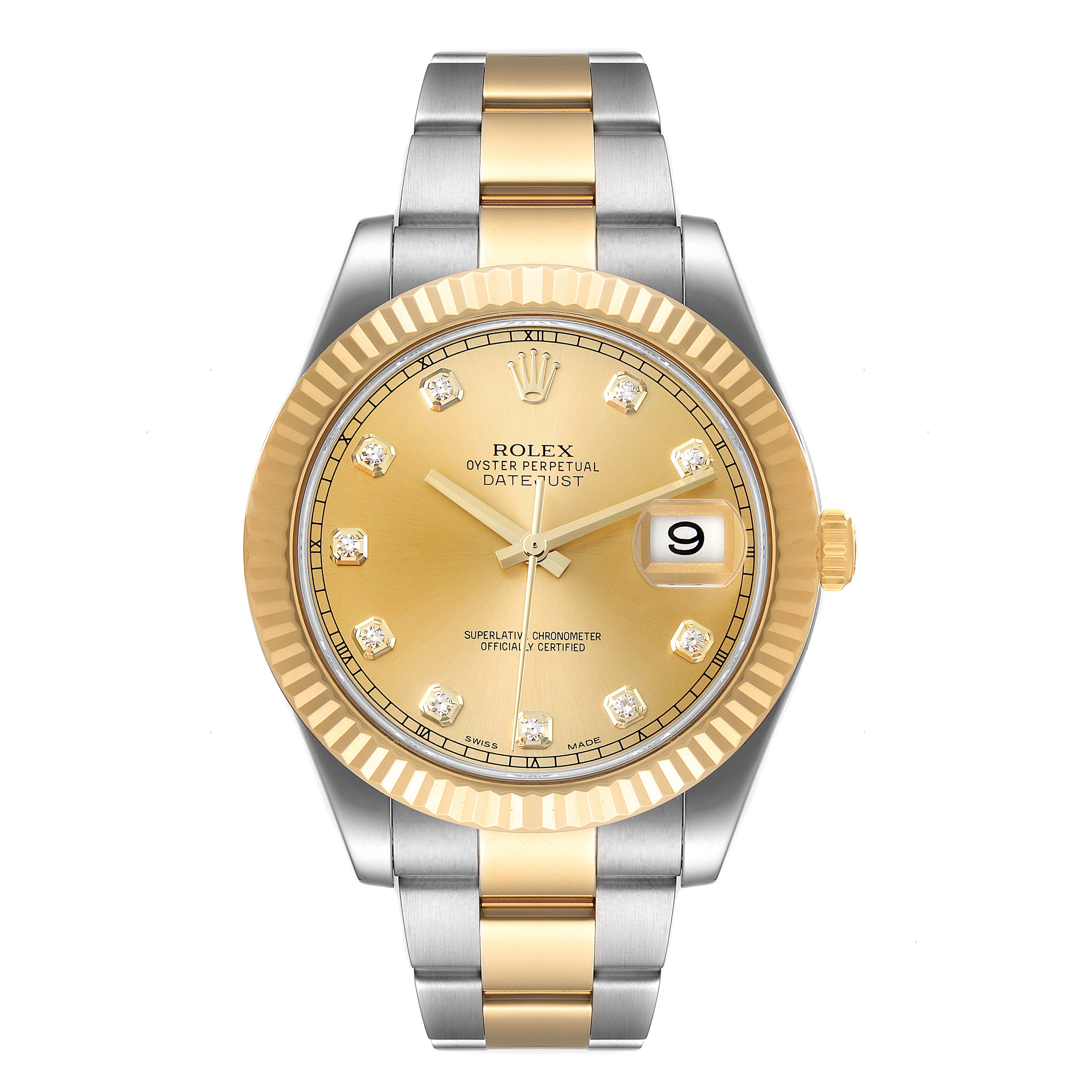 This image shows a front view of the Rolex Datejust 41 116333 Men's Steel and Gold (two tone) Champagne Dial 116333 Men's Steel and Gold (two tone) Champagne Dial watch, highlighting its dial, bezel, bracelet, and crown.
