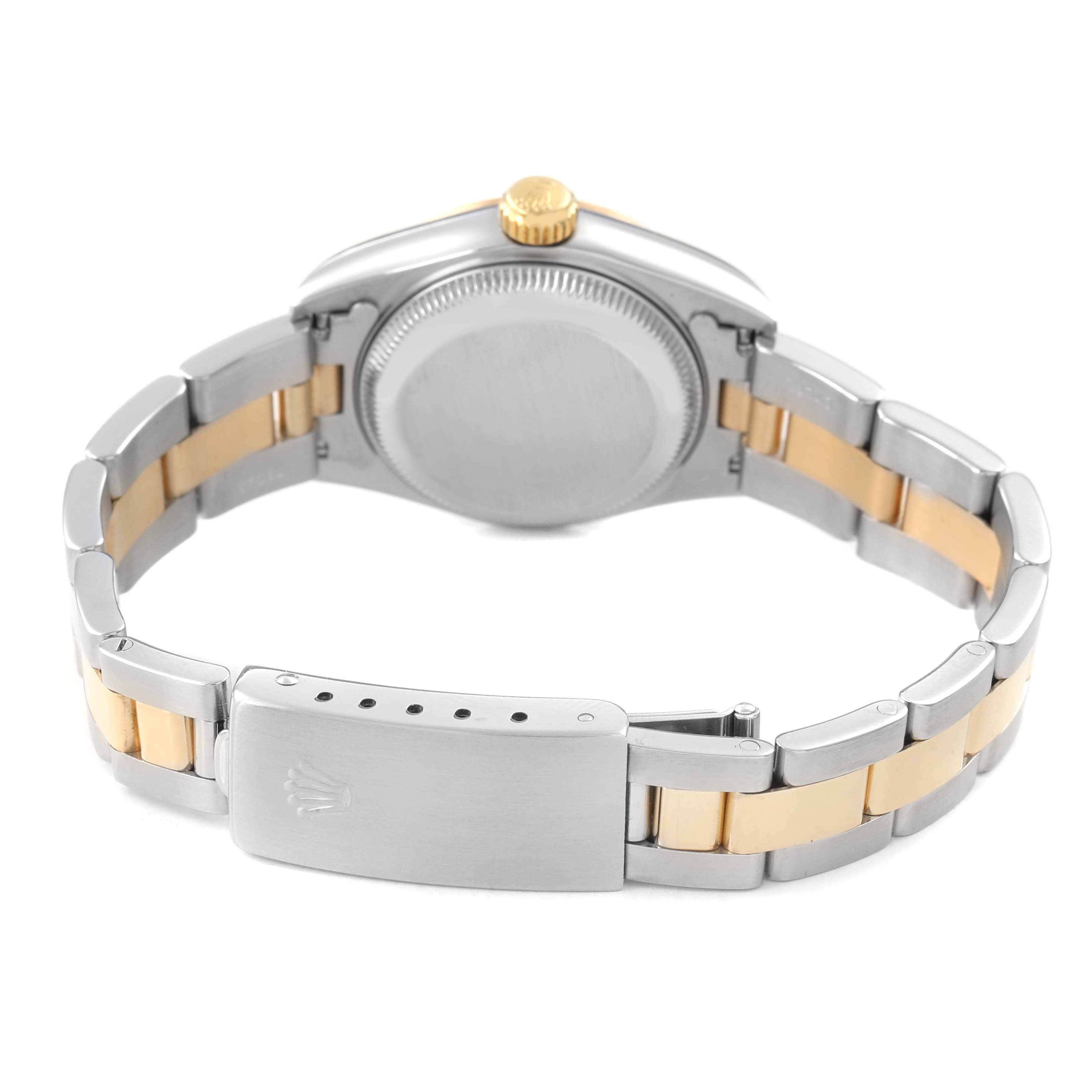 The image shows the back of the Rolex Datejust 69163 Women's Steel and Gold (two tone) Champagne Dial watch, featuring the bracelet, clasp, and case back.