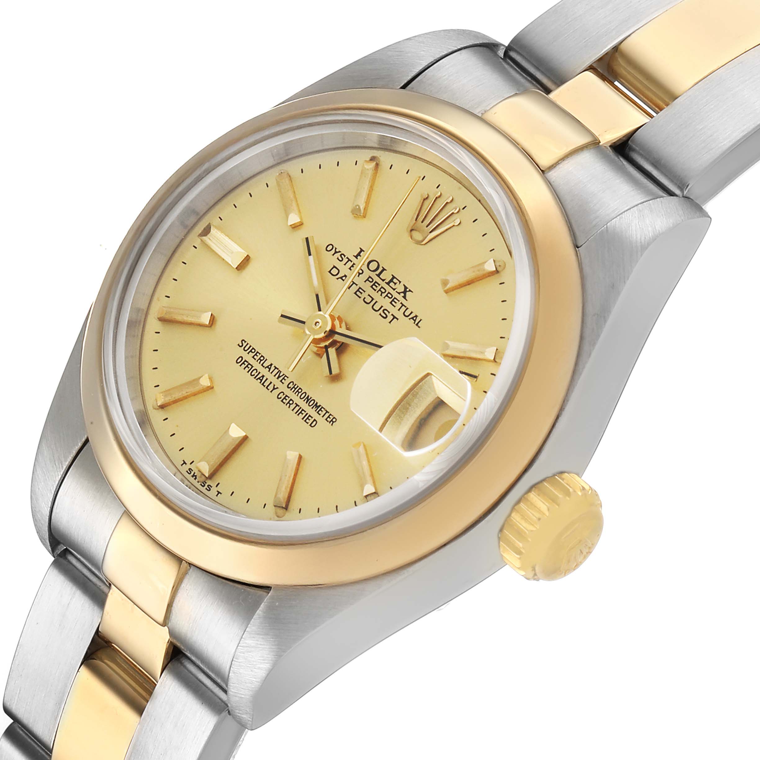 The Rolex Datejust 69163 Women's Steel and Gold (two tone) Champagne Dial watch is shown at a slight side angle, highlighting the gold bezel, dial, and crown.