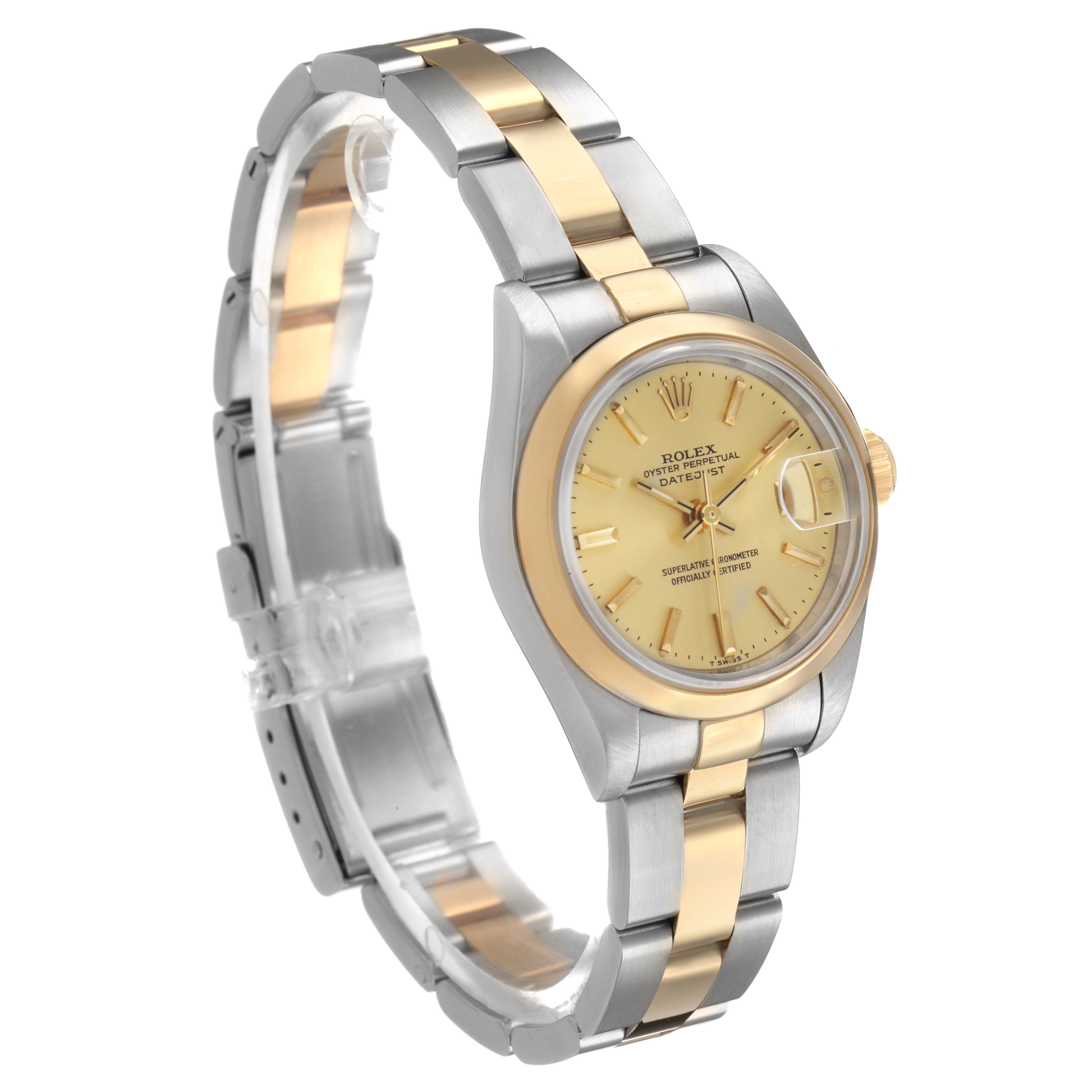 The Rolex Datejust 69163 Women's Steel and Gold (two tone) Champagne Dial watch is shown at an angled side view, highlighting the gold and silver bracelet and the watch face.