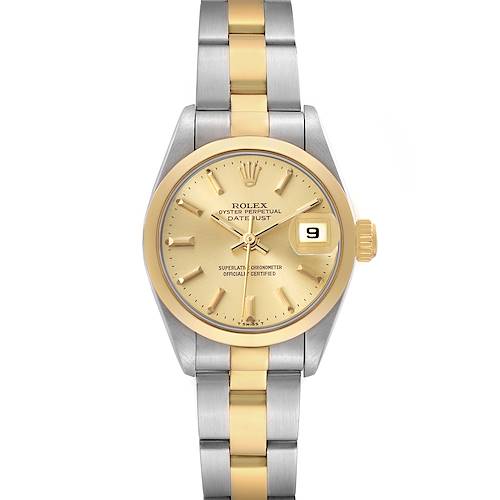 The Rolex Datejust 69163 Women's Steel and Gold (two tone) Champagne Dial watch is shown from the front, displaying its dial, bezel, crown, and part of the two-tone bracelet.