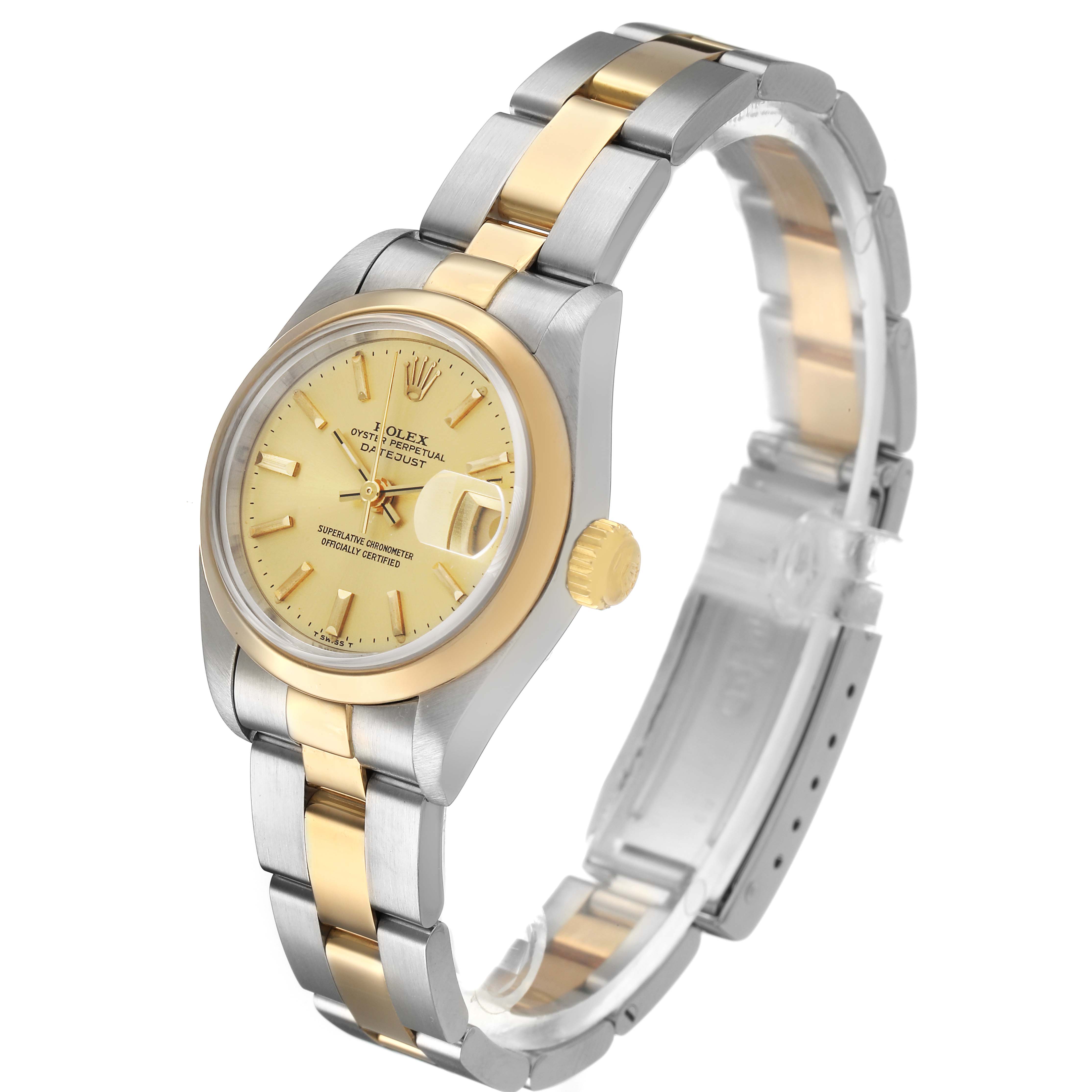 The Rolex Datejust 69163 Women's Steel and Gold (two tone) Champagne Dial watch is shown at a three-quarter angle, highlighting its bezel, dial, bracelet, and crown.