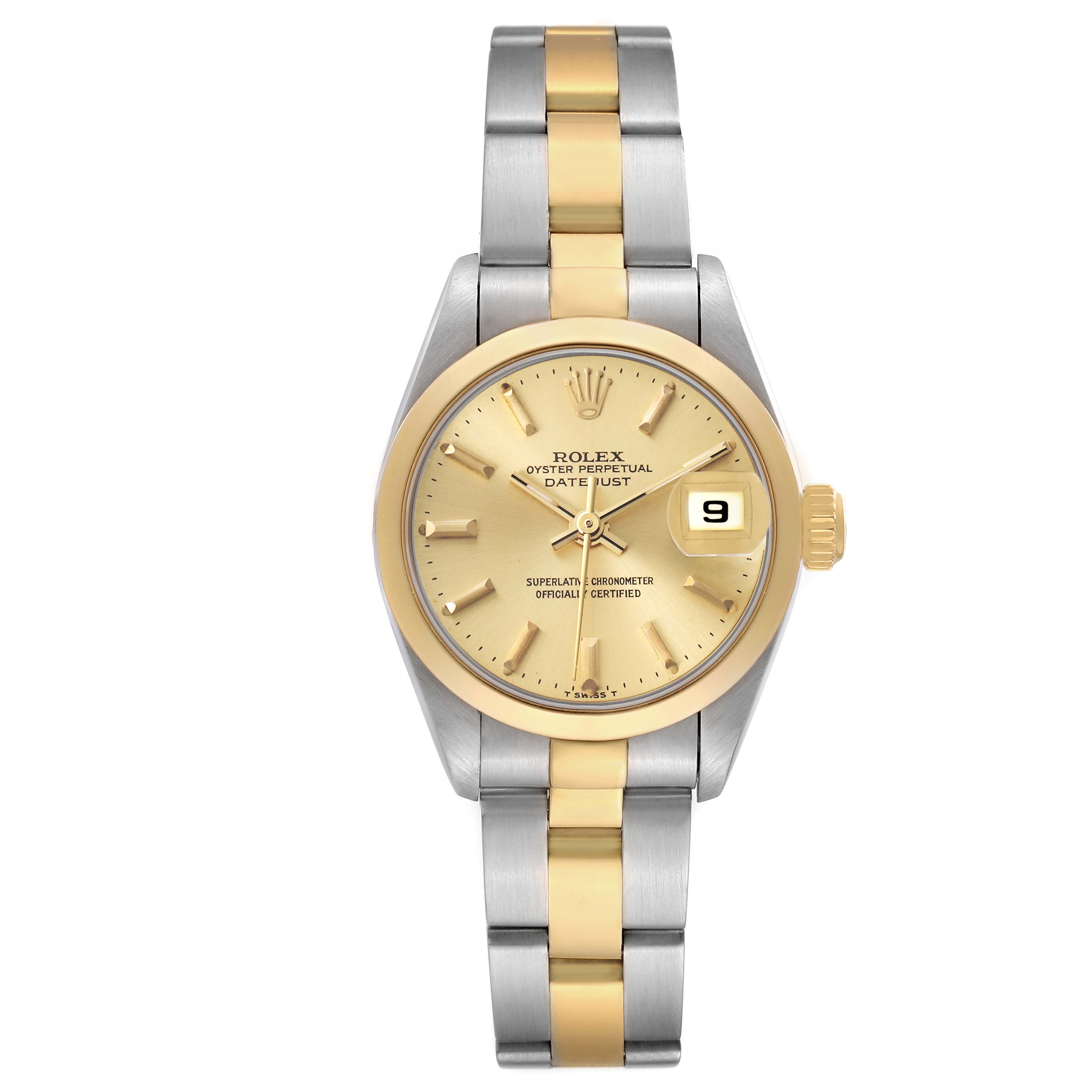 The Rolex Datejust 69163 Women's Steel and Gold (two tone) Champagne Dial watch is shown from the front, highlighting its two-tone bracelet, gold dial, and date window.