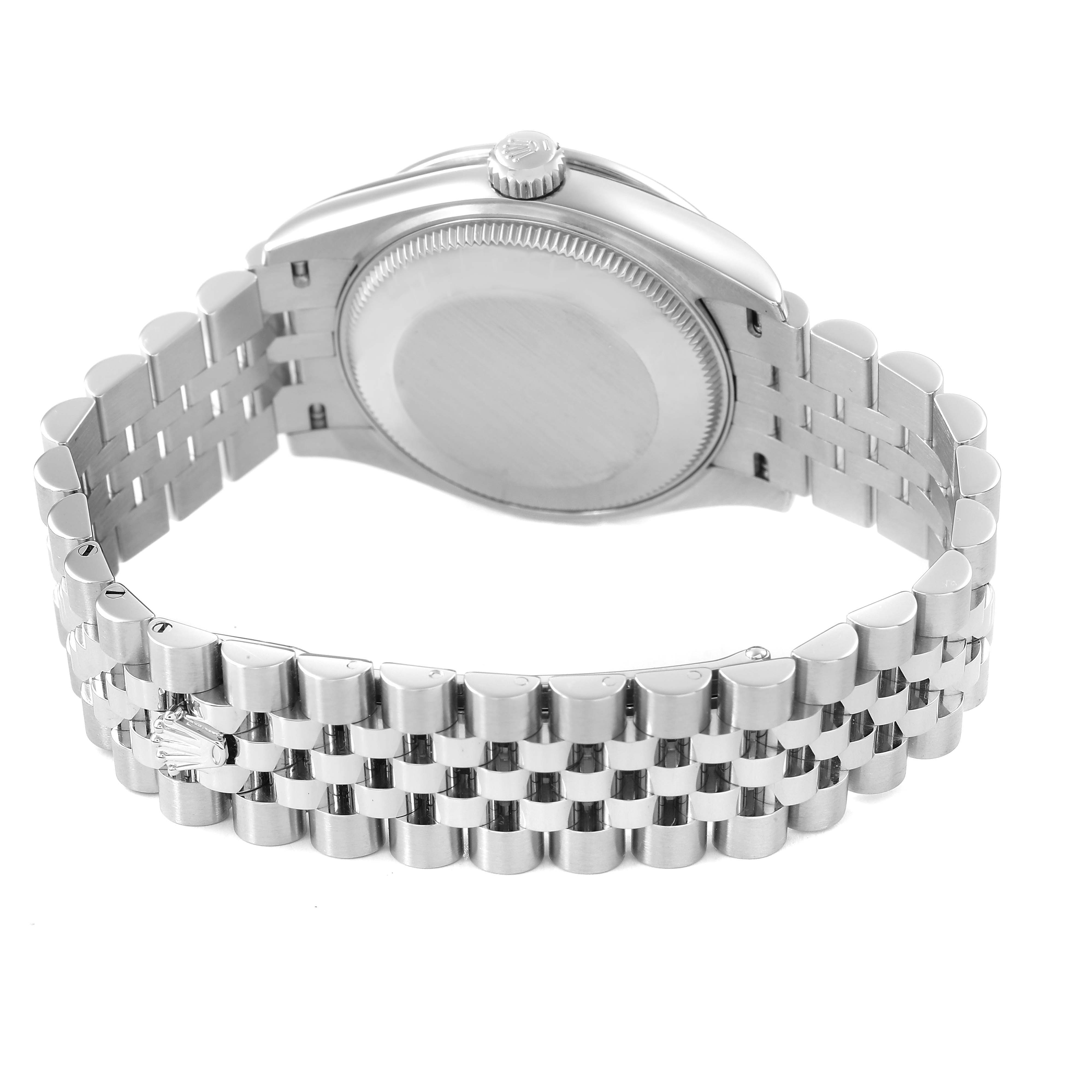 The image shows the back of a Rolex Datejust 278384RBR Women's Stainless Steel Silver Dial watch, highlighting the case back and Jubilee bracelet.