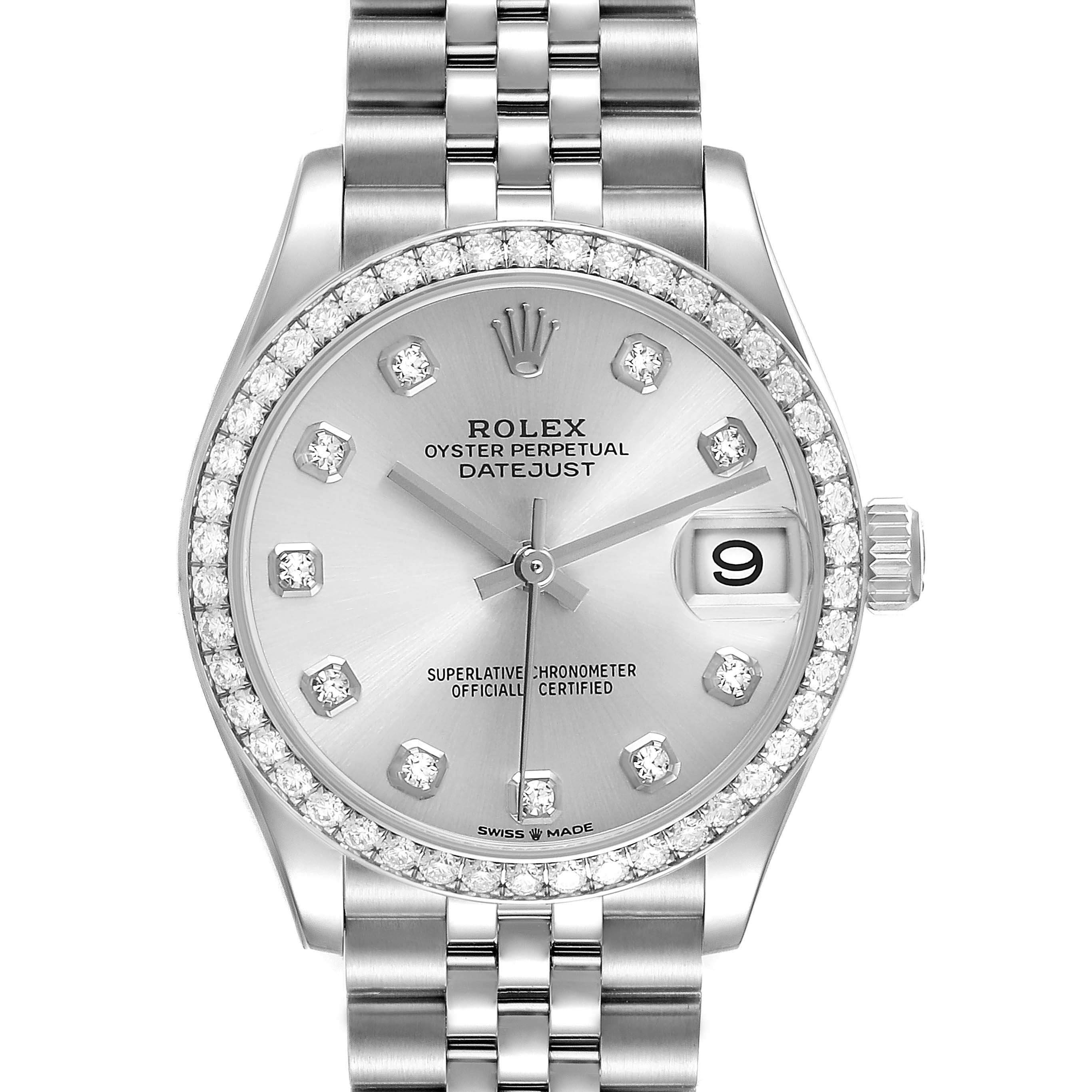The Rolex Datejust 278384RBR Women's Stainless Steel Silver Dial watch is shown from the front, highlighting its dial, bezel, and bracelet.