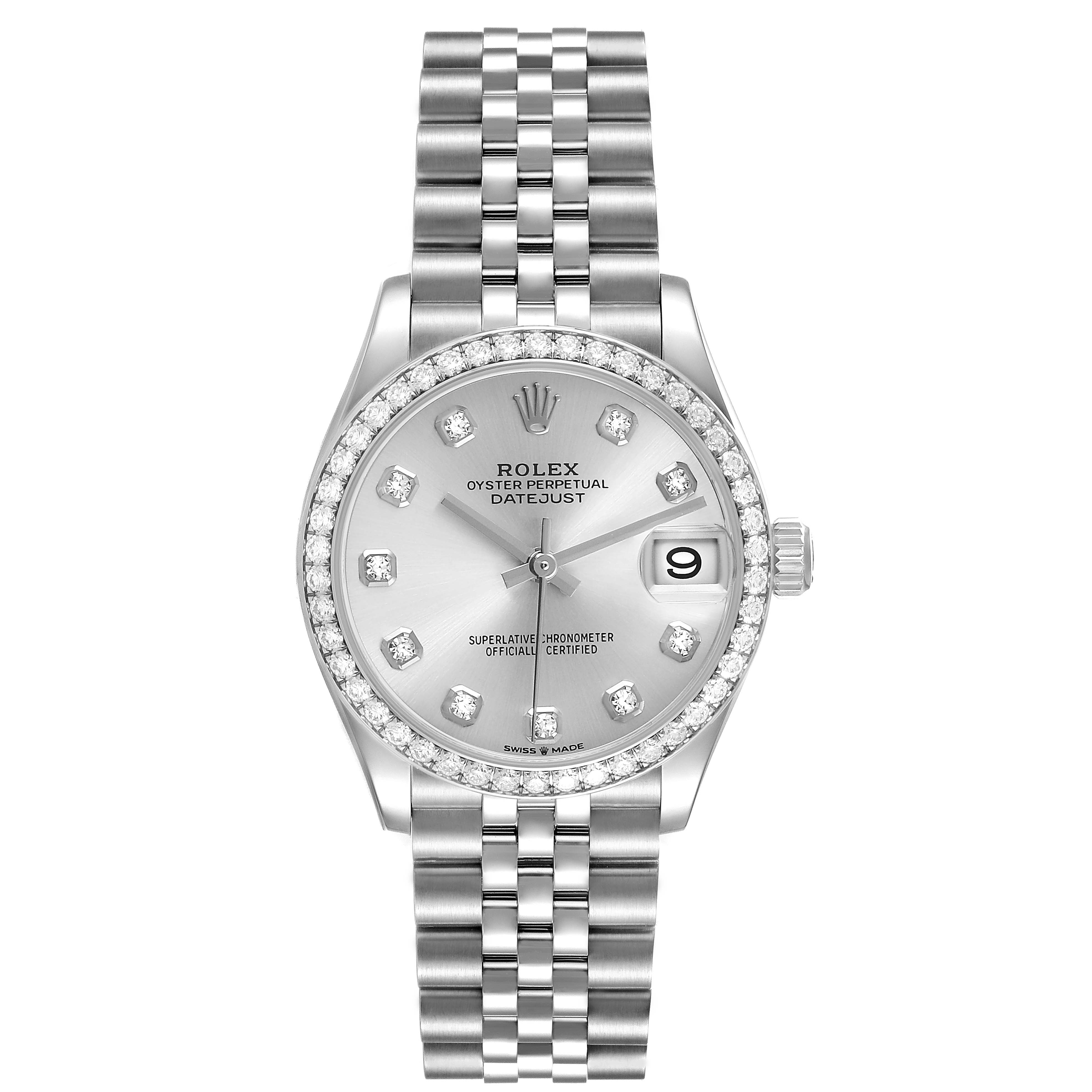 The Rolex Datejust 278384RBR Women's Stainless Steel Silver Dial watch is shown from the front, displaying the dial, bezel, date window, and bracelet.