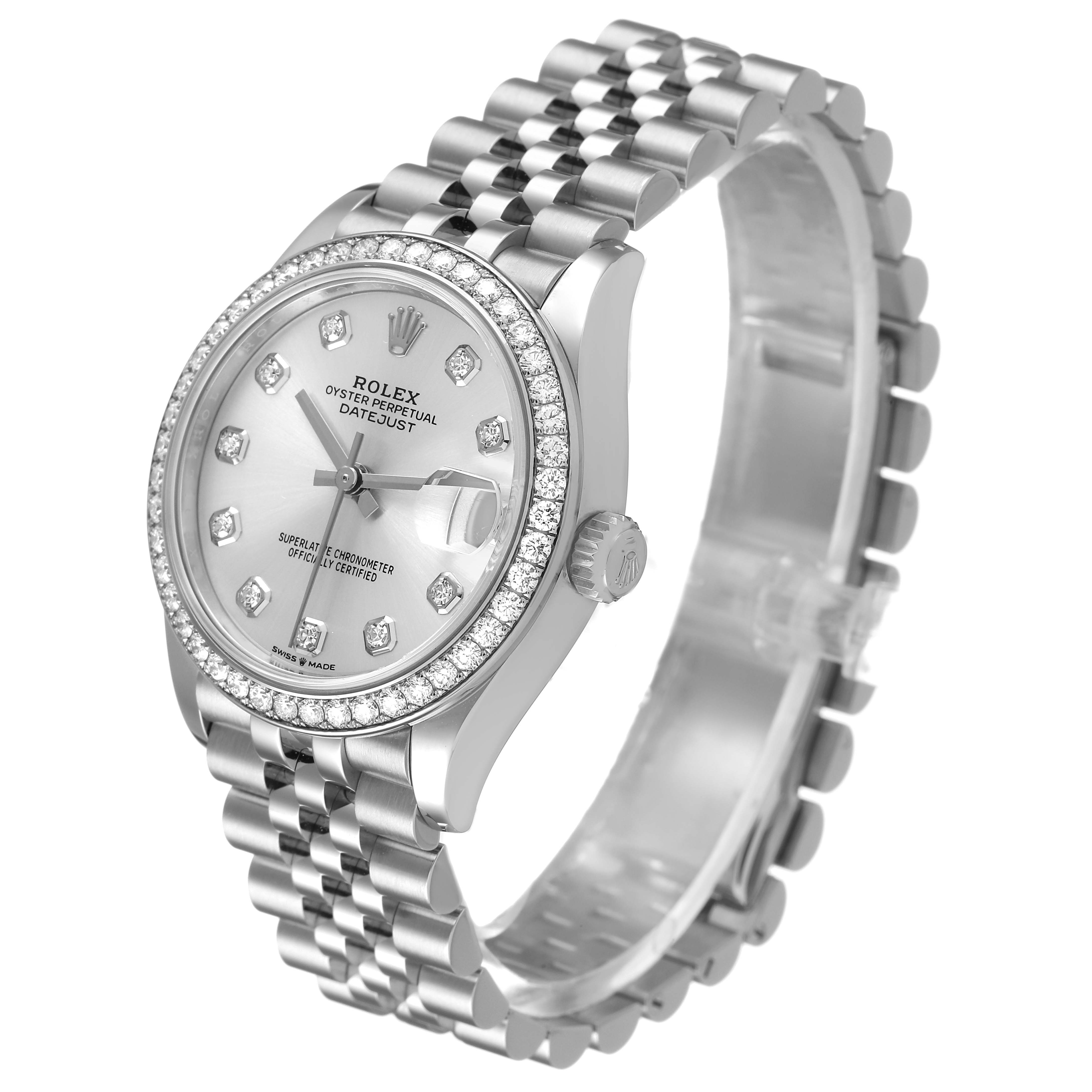 The Rolex Datejust 278384RBR Women's Stainless Steel Silver Dial watch is shown at a three-quarter angle, highlighting the face, bezel, and bracelet.