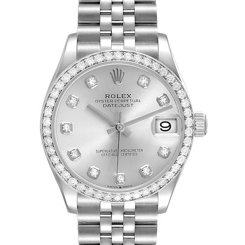 The Rolex Datejust 278384RBR Women's Stainless Steel Silver Dial watch is shown from a front angle, highlighting the dial, crown, bezel, and part of the bracelet.