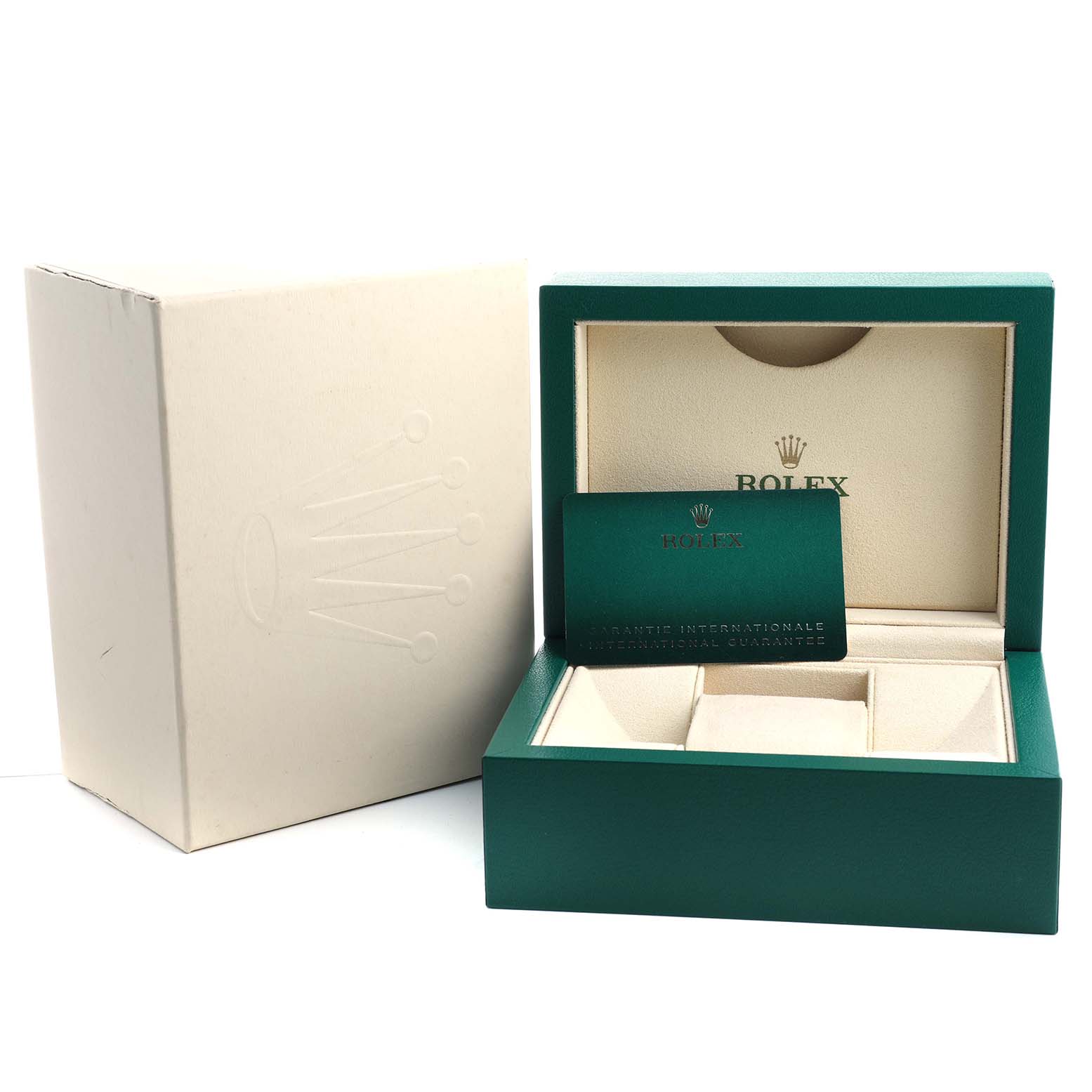 The image shows the packaging for a Rolex Datejust 278384RBR Women's Stainless Steel Silver Dial, including the outer box, green inner box, and international guarantee card.