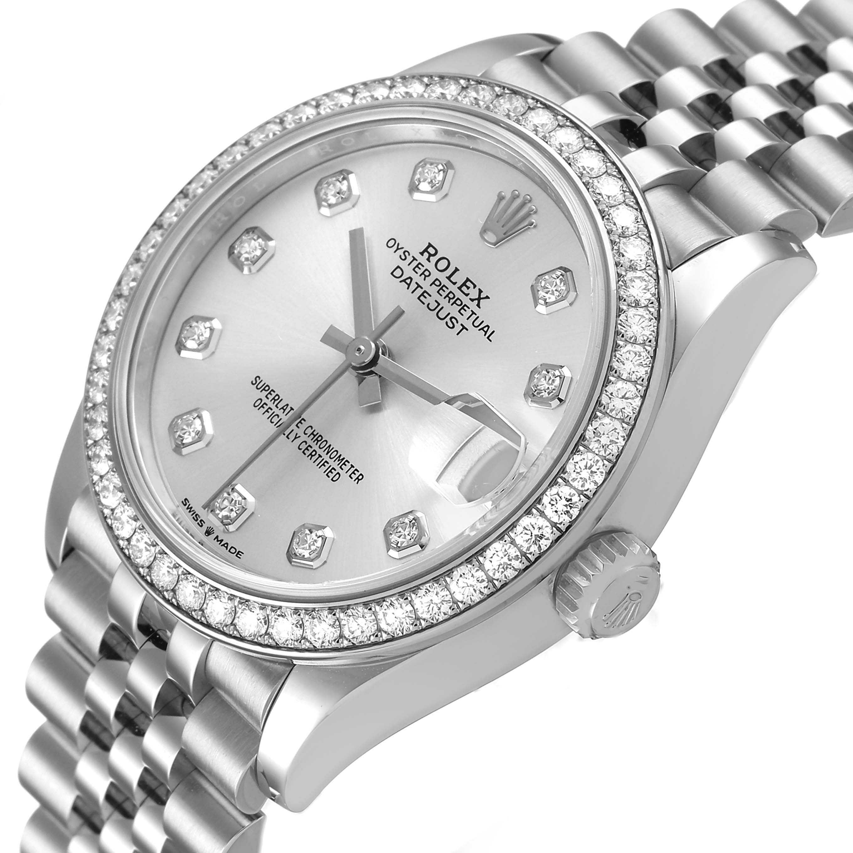The Rolex Datejust 278384RBR Women's Stainless Steel Silver Dial watch is shown at a slight angle, highlighting the diamond bezel, dial, crown, and part of the bracelet.