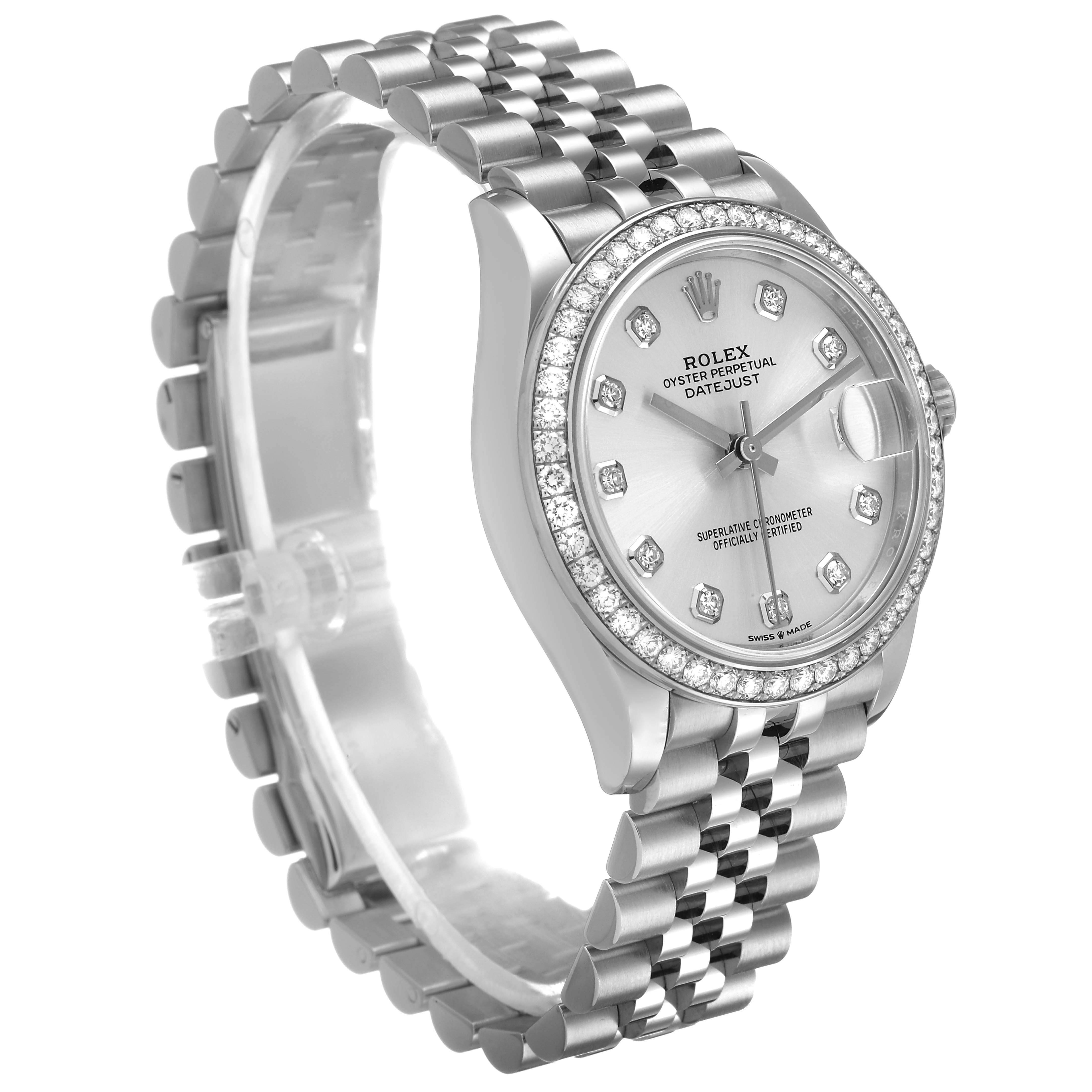 The Rolex Datejust 278384RBR Women's Stainless Steel Silver Dial watch is shown at a three-quarter angle, highlighting the face, bezel, and bracelet.