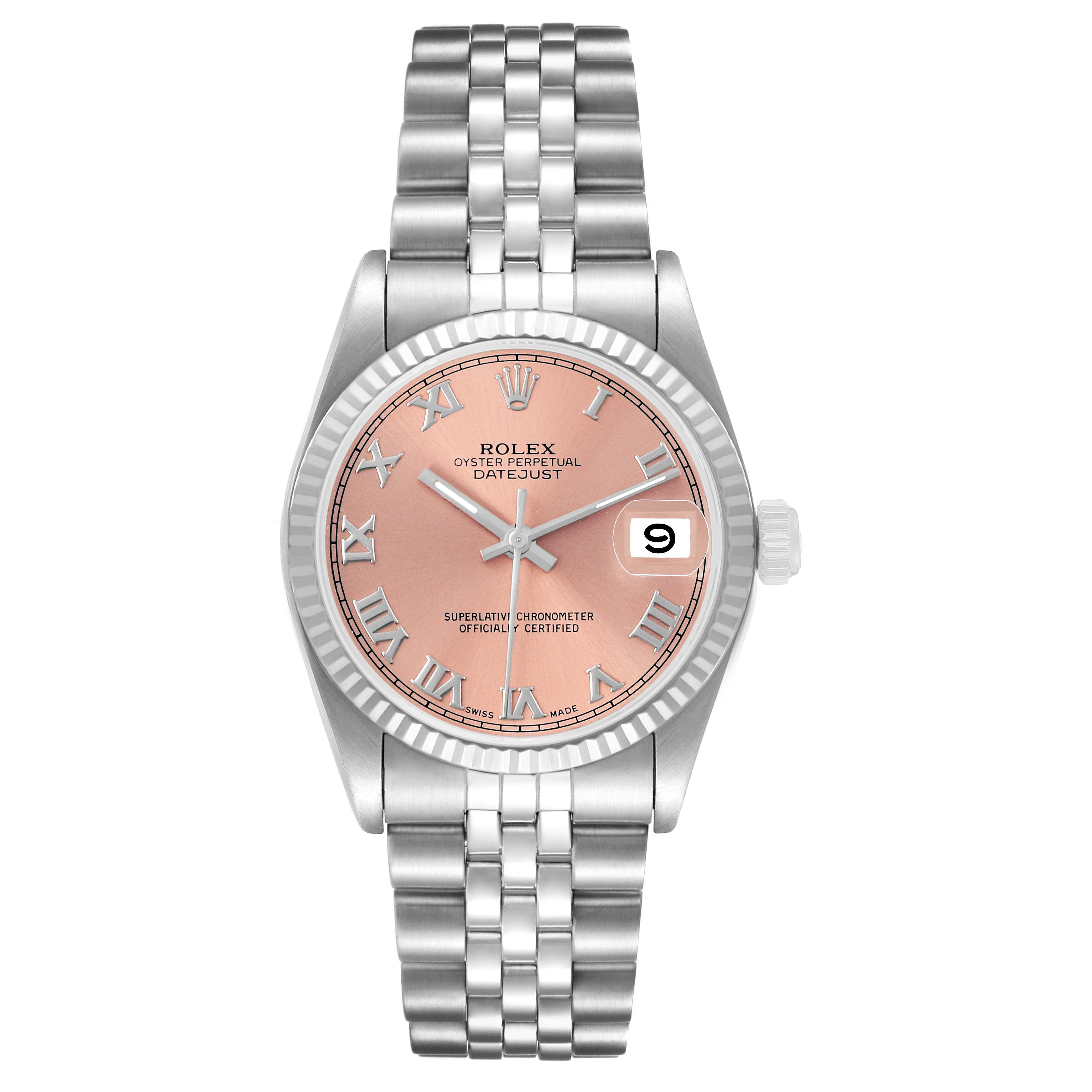The Rolex Datejust 68274 Men's Stainless Steel Orange Dial watch is shown from a front view, highlighting its pink dial, Roman numerals, and Jubilee bracelet.