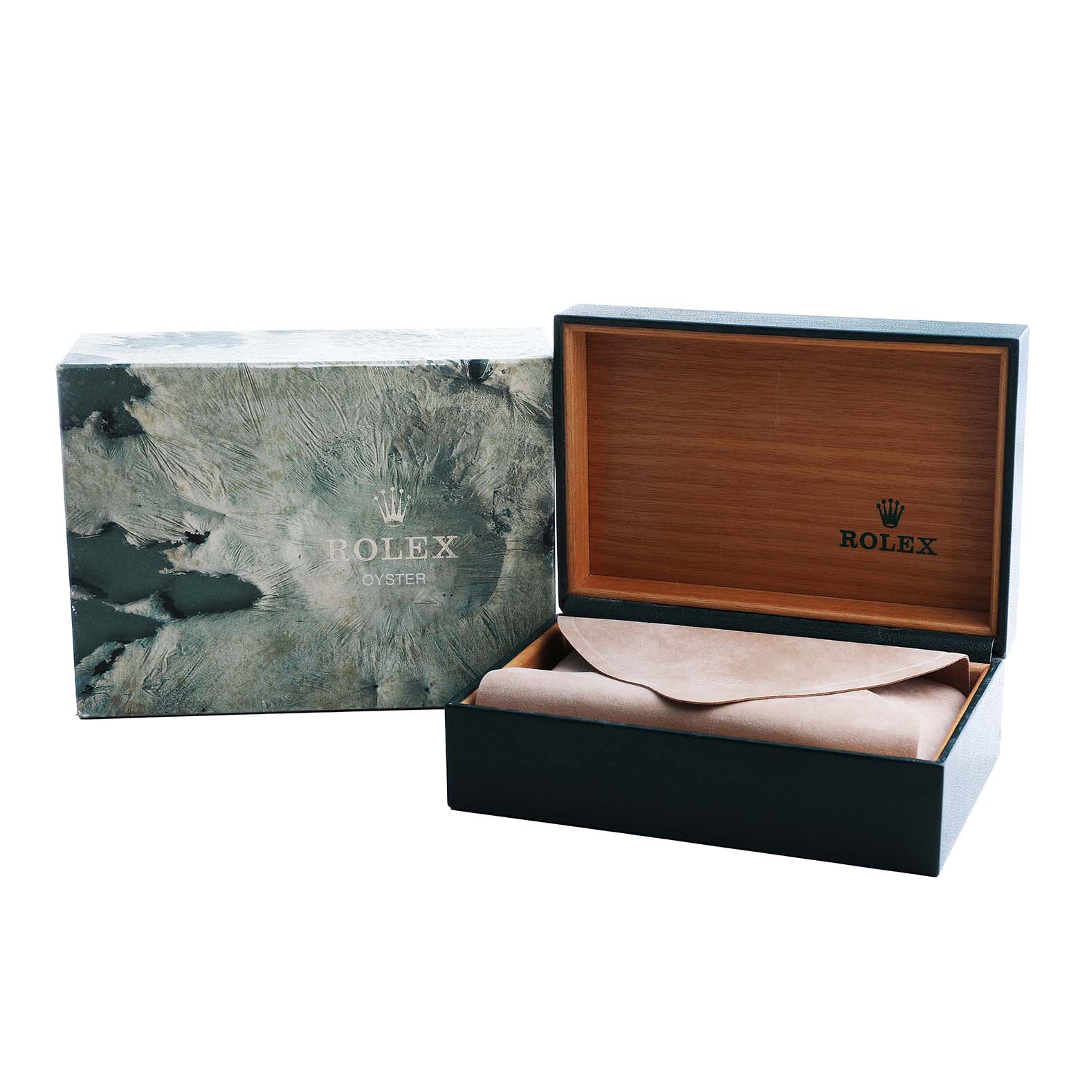 The image shows a Rolex Datejust 68274 Men's Stainless Steel Orange Dial box and outer packaging with the lid open, revealing the inner compartment.