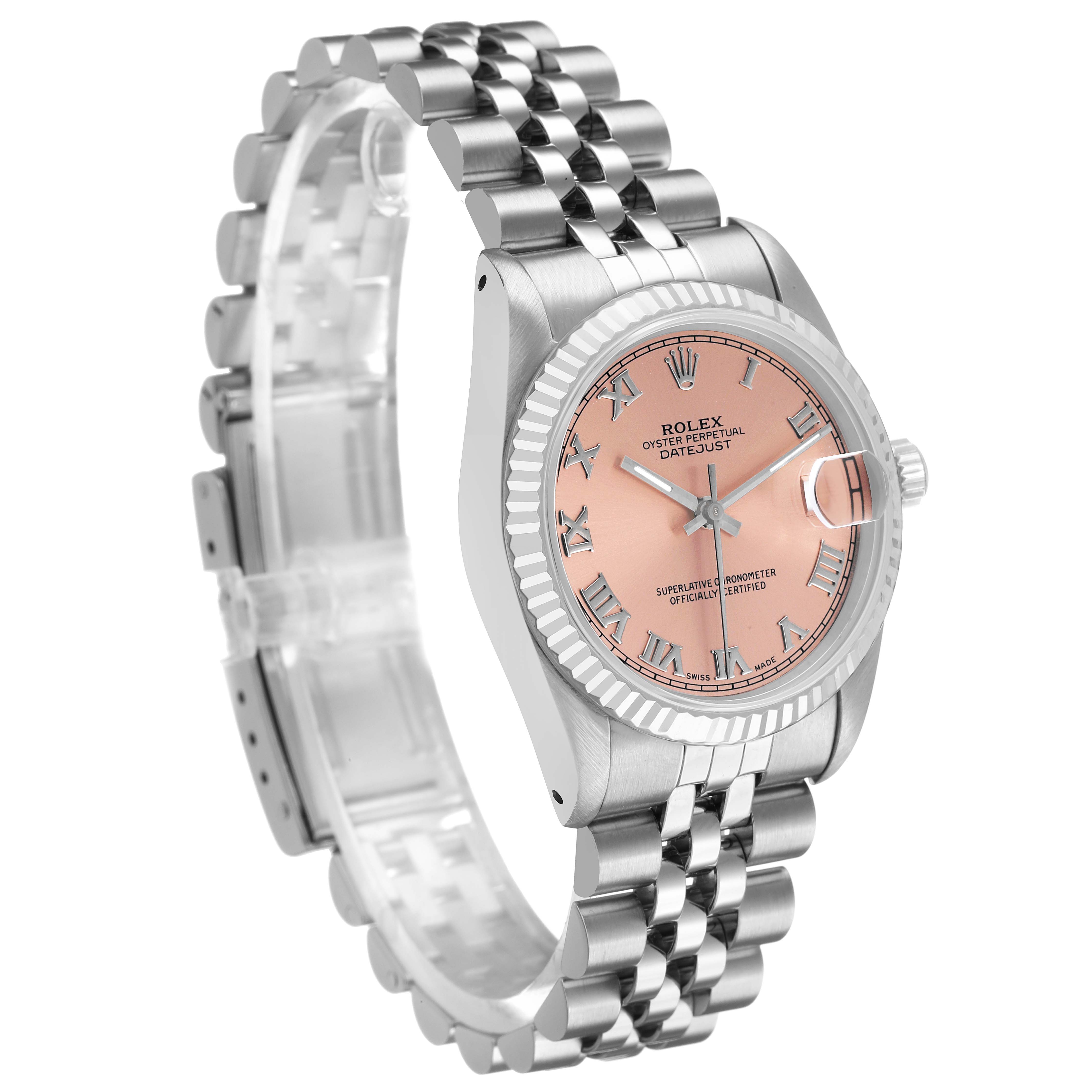 The Rolex Datejust 68274 Men's Stainless Steel Orange Dial watch is shown at an angled side view, featuring its bracelet, bezel, and salmon dial.
