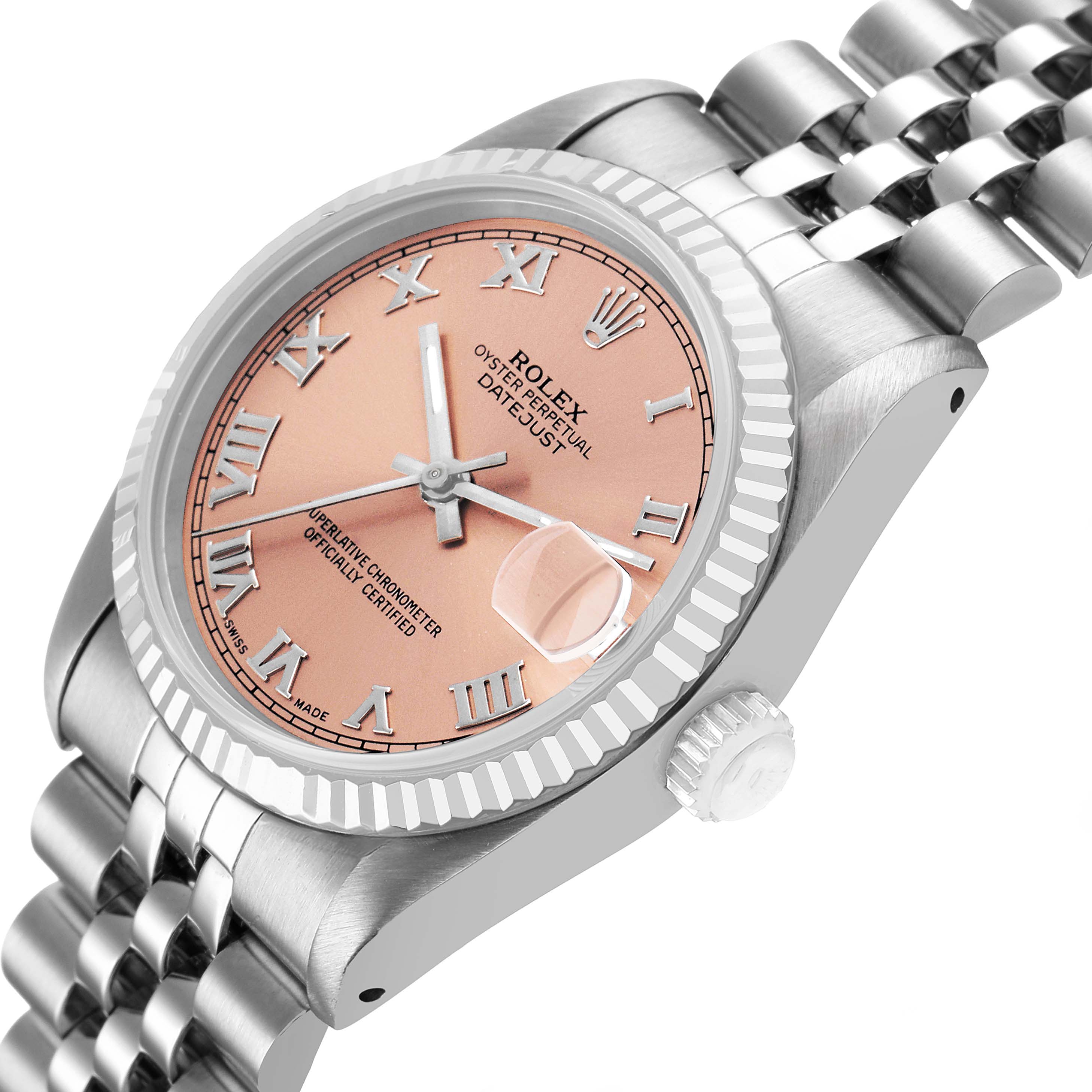 The Rolex Datejust 68274 Men's Stainless Steel Orange Dial watch is shown at a tilted angle, displaying the face, bezel, crown, and part of the bracelet.