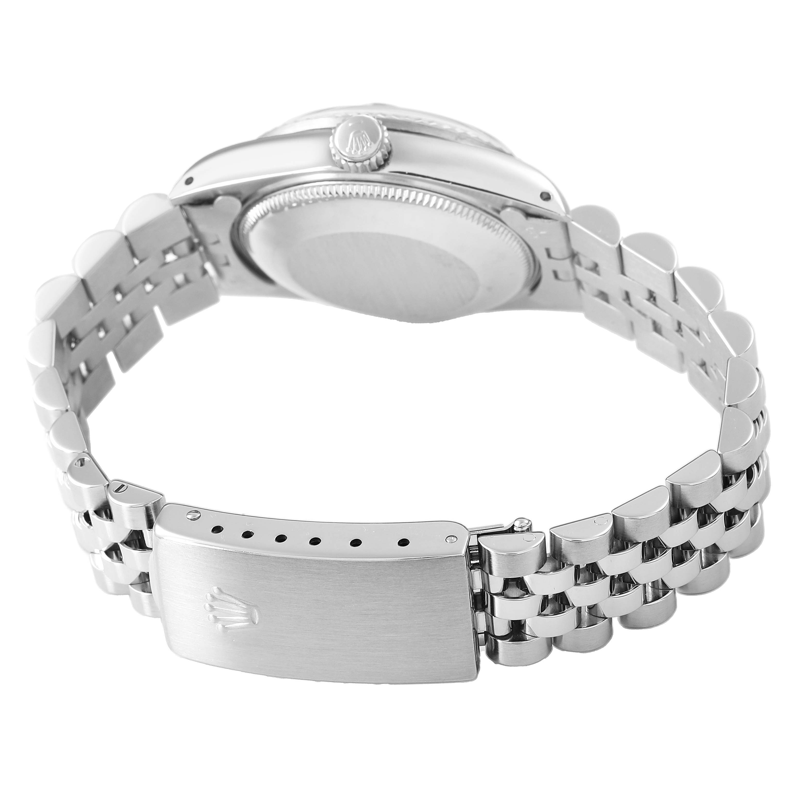 The Rolex Datejust 68274 Men's Stainless Steel Orange Dial watch is shown from the back, highlighting the clasp, bracelet, case back, and crown.