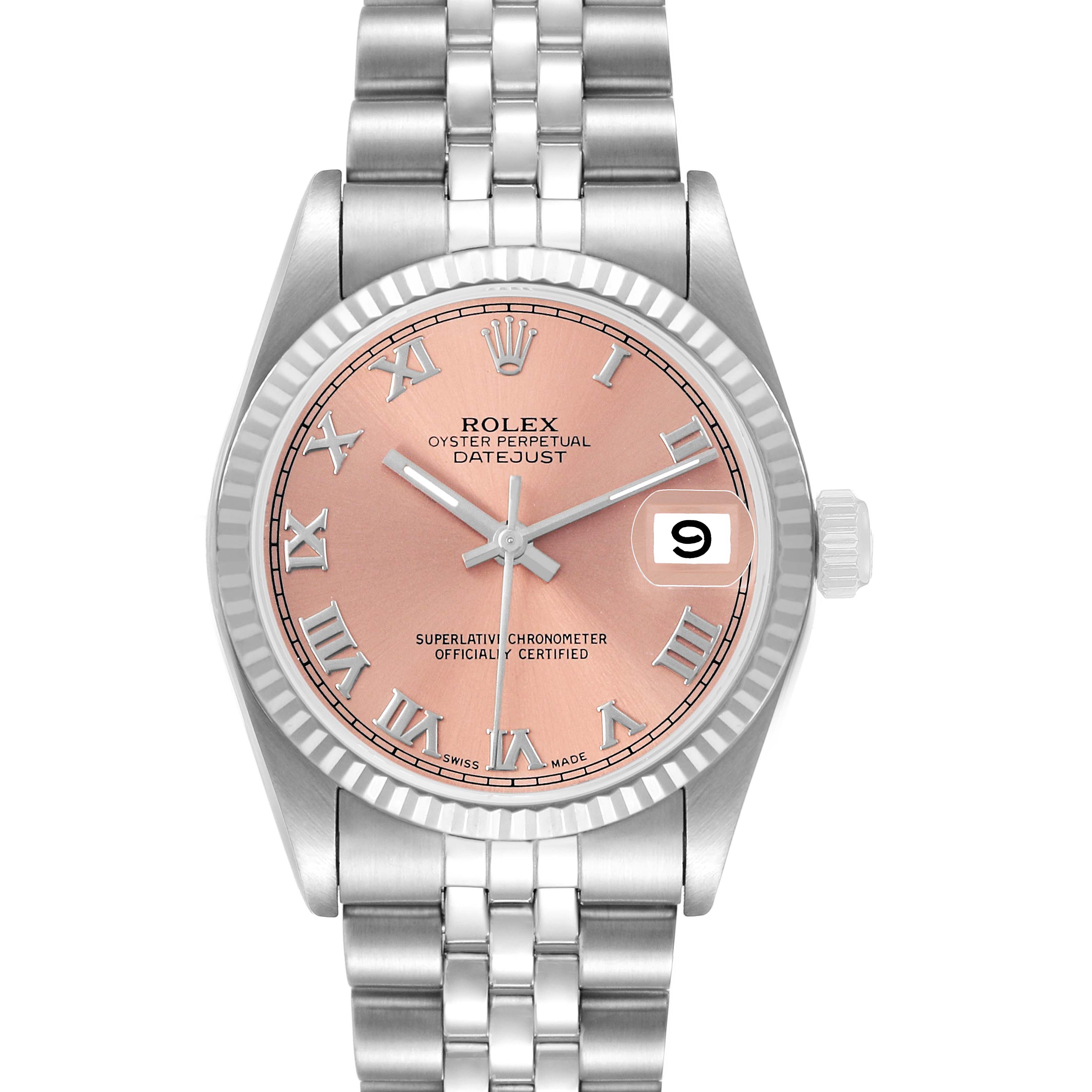 The Rolex Datejust 68274 Men's Stainless Steel Orange Dial watch is shown from the front, displaying the face, bezel, and bracelet.
