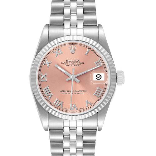 The Rolex Datejust 68274 Men's Stainless Steel Orange Dial watch is shown from the front, highlighting the pink dial, bezel, bracelet, and Cyclops lens over the date.