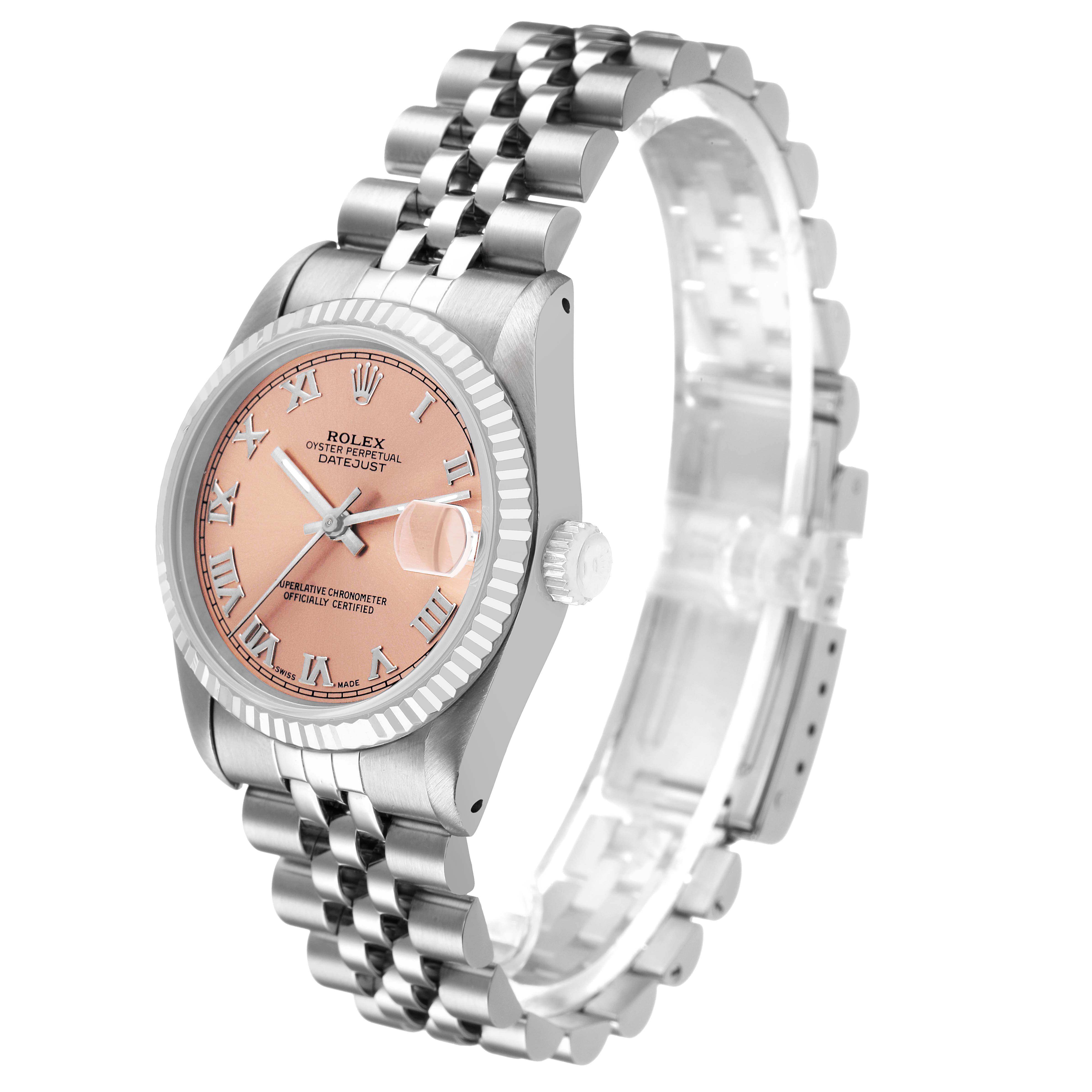 The Rolex Datejust 68274 Men's Stainless Steel Orange Dial watch is shown at a three-quarter angle, highlighting the case, dial, bezel, and bracelet.