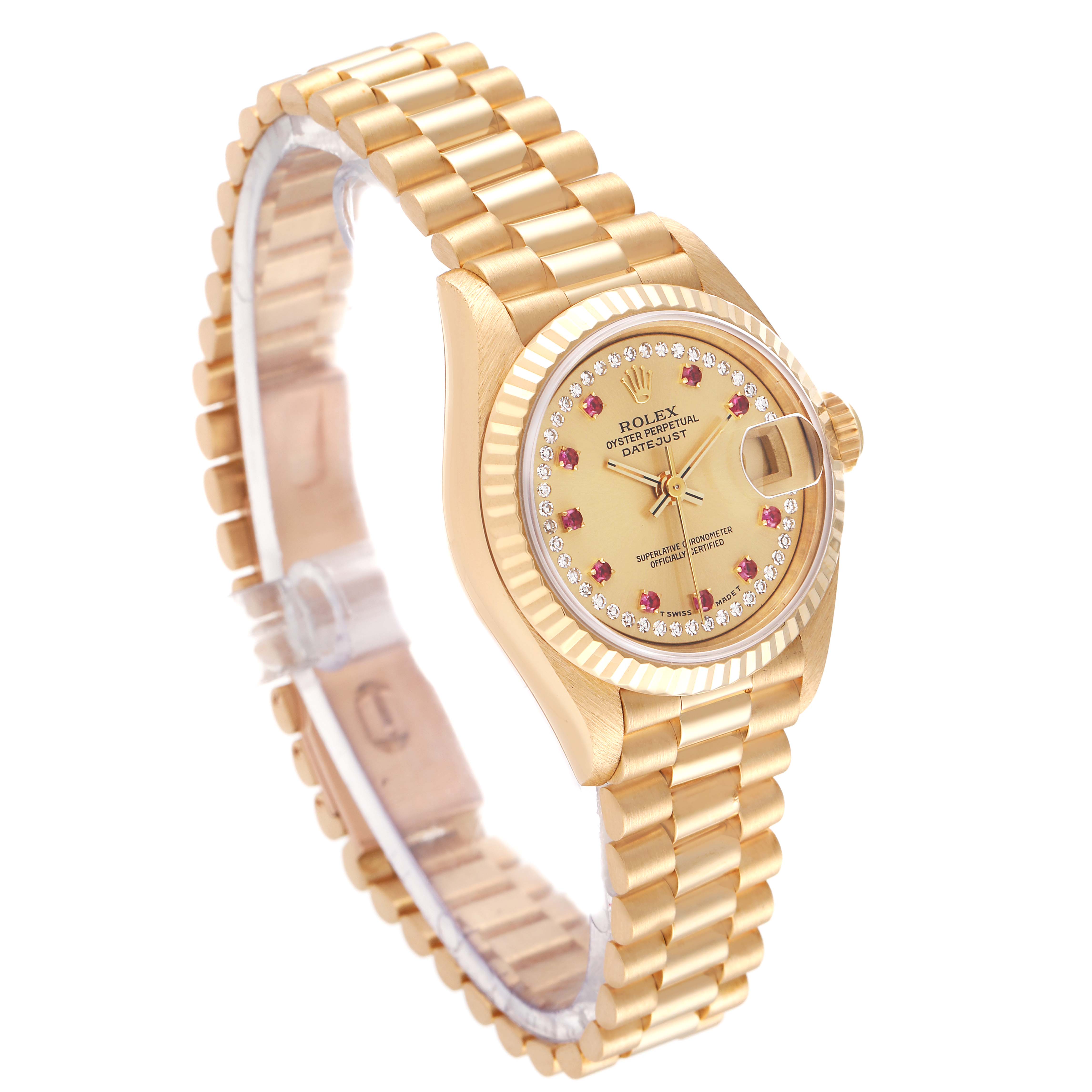 The Rolex President 69178 Women's Yellow Gold Champagne Dial 69178 Women's Yellow Gold Champagne Dial model watch is shown at a three-quarter angle, displaying the face, bezel, and part of the bracelet.