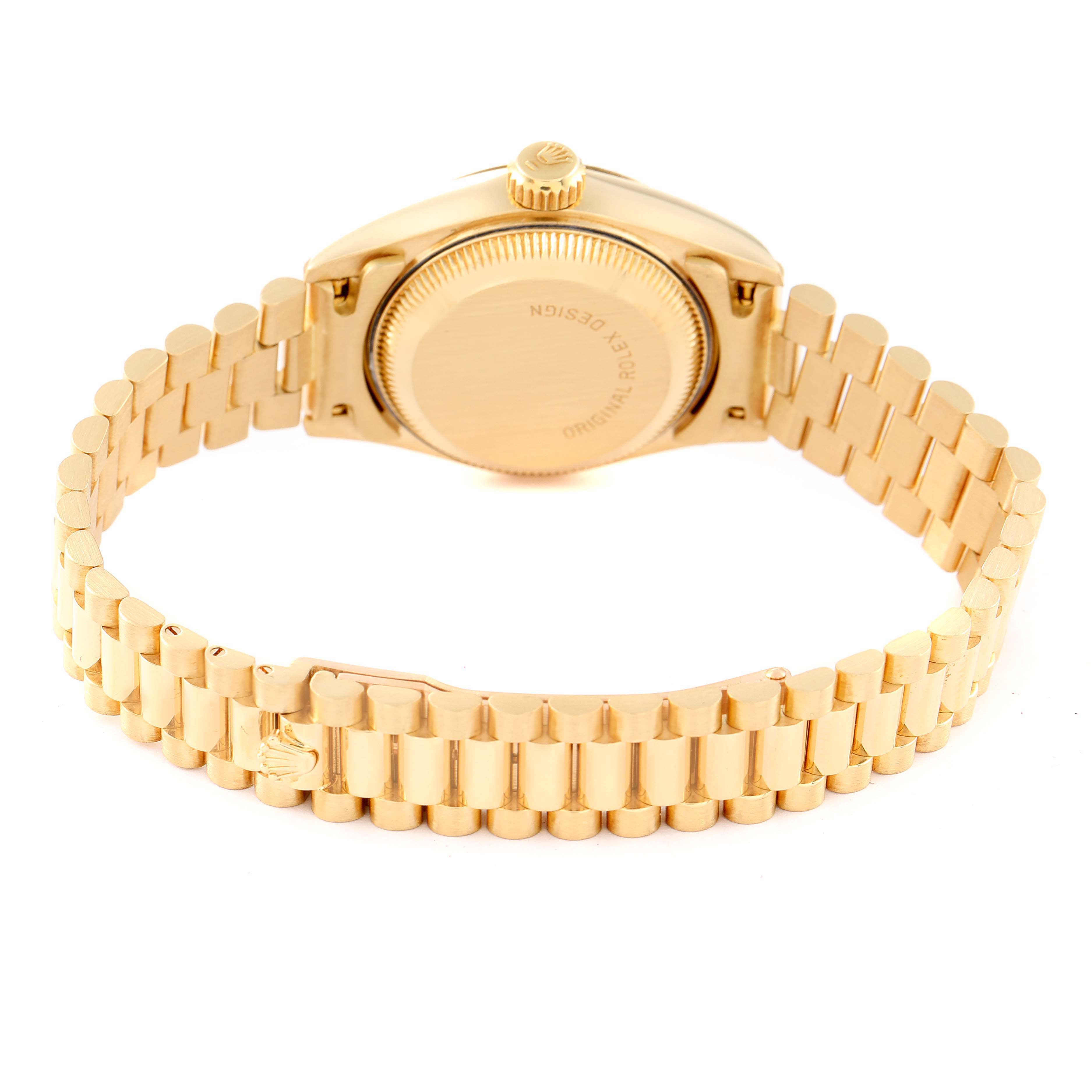 This image shows the back of a Rolex President 69178 Women's Yellow Gold Champagne Dial 69178 Women's Yellow Gold Champagne Dial model watch, including its case back and bracelet.