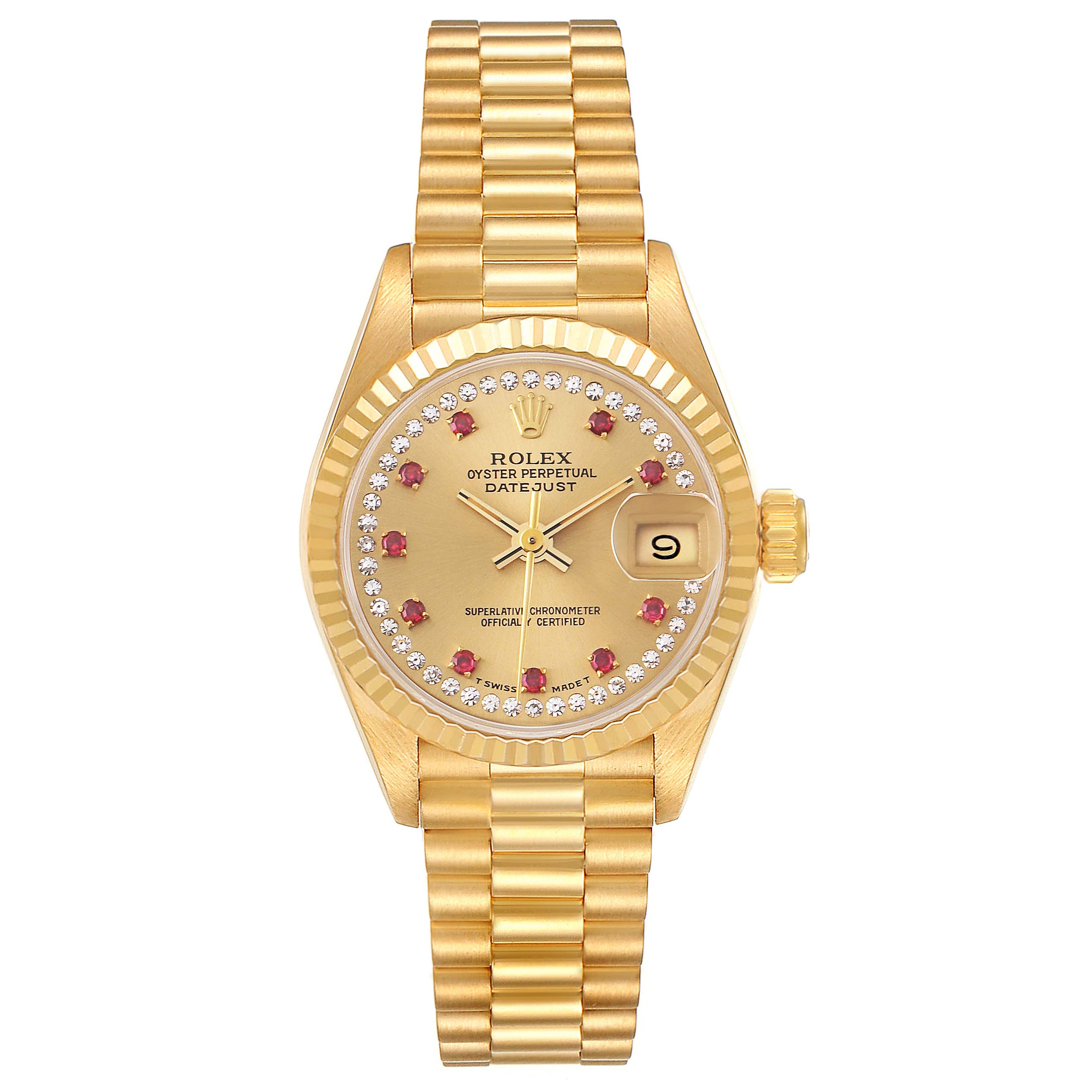 The Rolex President 69178 Women's Yellow Gold Champagne Dial 69178 Women's Yellow Gold Champagne Dial model is shown from the top view, displaying the dial, bezel, crown, and bracelet.