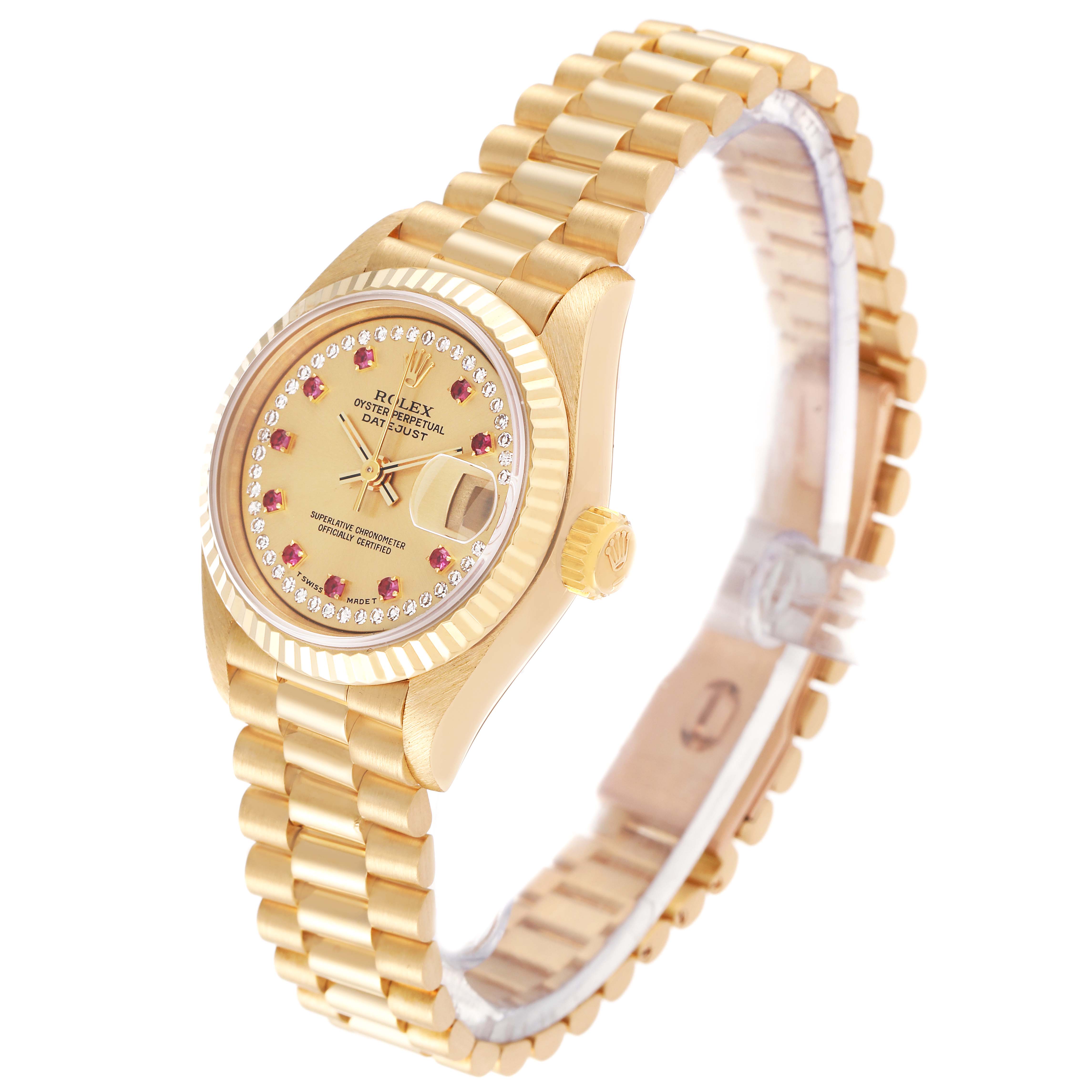 This image shows a Rolex President 69178 Women's Yellow Gold Champagne Dial 69178 Women's Yellow Gold Champagne Dial model watch at an angle, highlighting its gold bracelet, face, and crown.