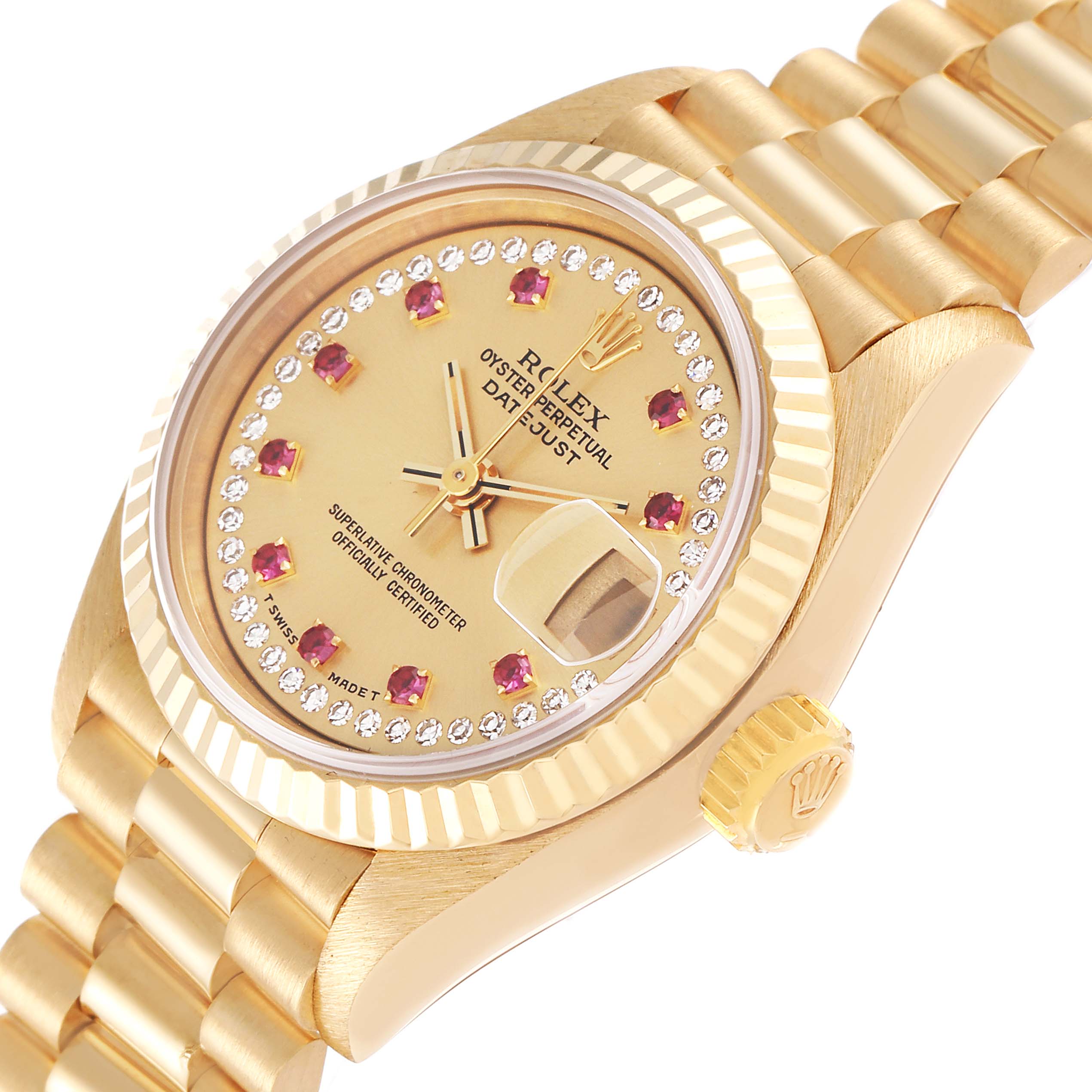The image shows a close-up side angle of the Rolex President 69178 Women's Yellow Gold Champagne Dial 69178 Women's Yellow Gold Champagne Dial model watch, displaying the face, bezel, and part of the bracelet.