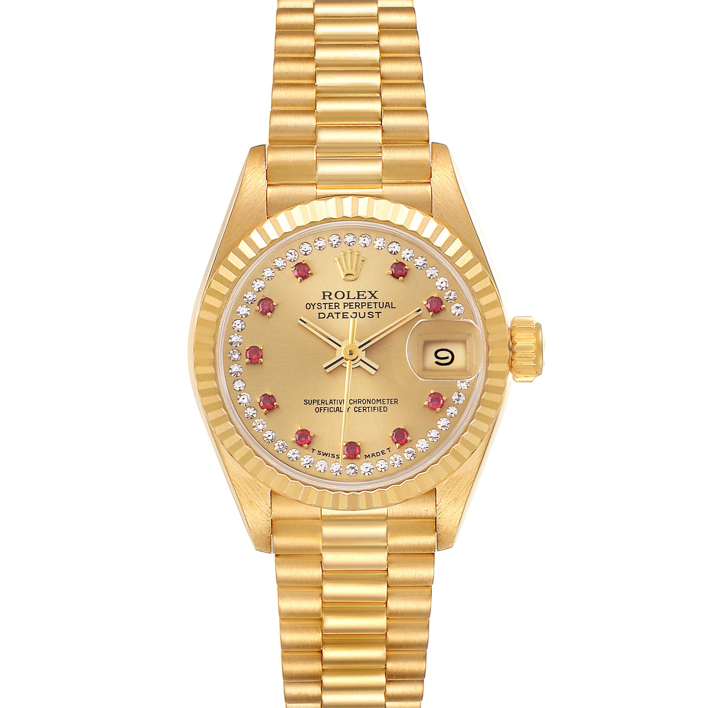 The image shows a frontal view of a Rolex President 69178 Women's Yellow Gold Champagne Dial 69178 Women's Yellow Gold Champagne Dial model watch with a gold band, face, and gem-set bezel.