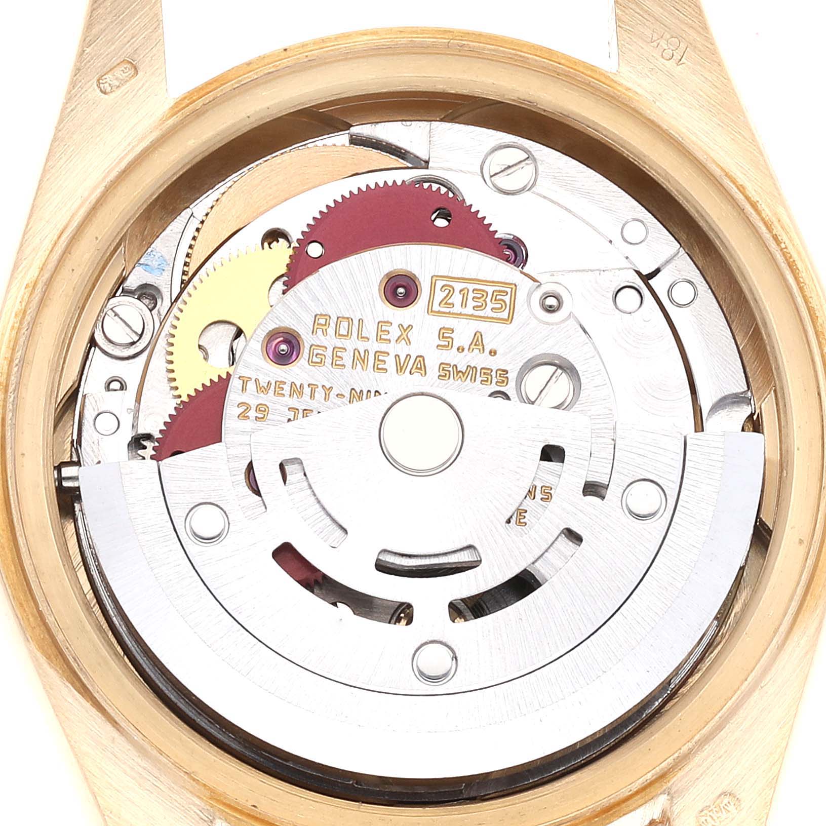 The image shows the internal mechanism of a Rolex President 69178 Women's Yellow Gold Champagne Dial 69178 Women's Yellow Gold Champagne Dial model watch, focused on the movement and gears.