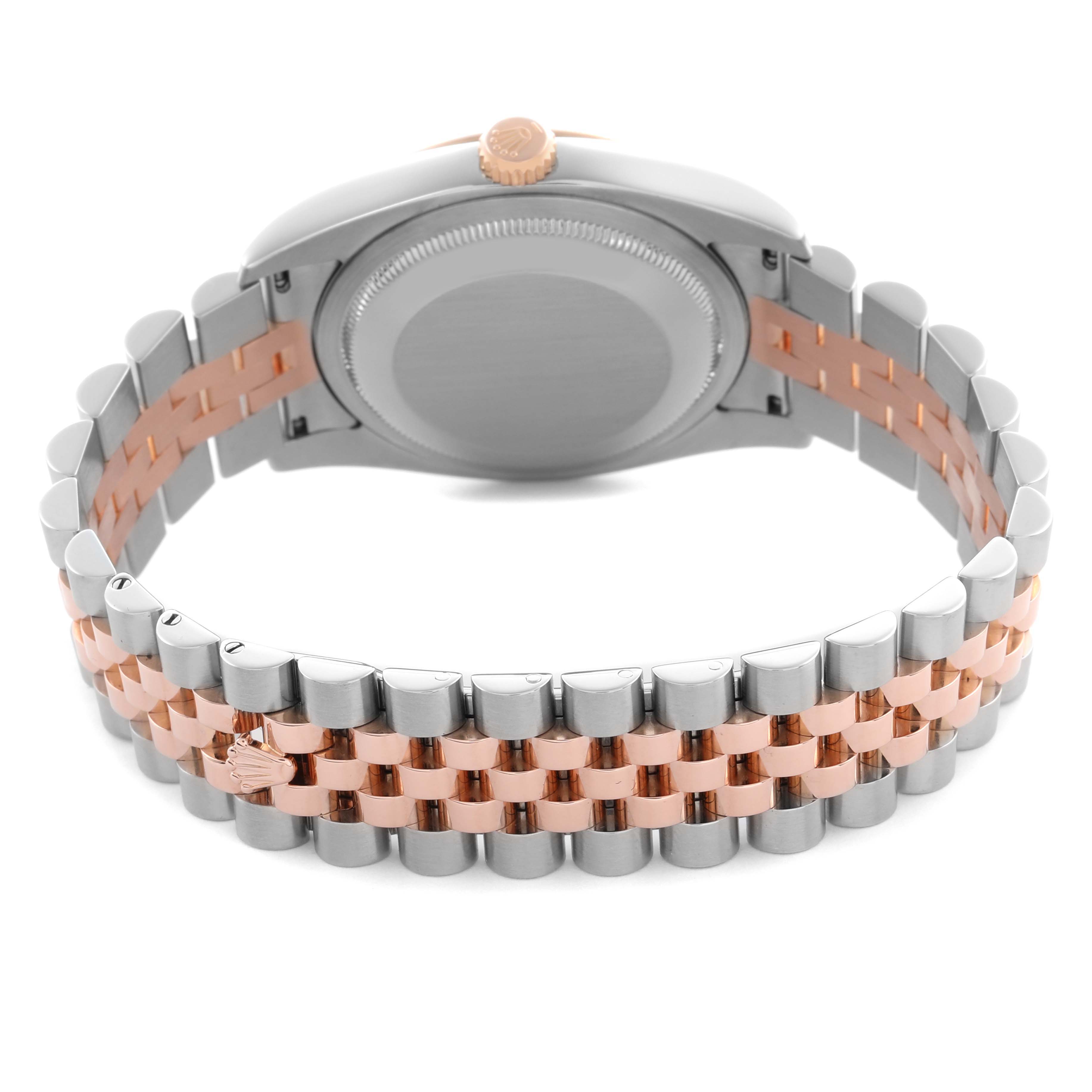 The image shows the back view of the Rolex Datejust 116231 Men's Steel and Gold (two tone) Pink Dial 116231 Men's Steel and Gold (two tone) Pink Dial, featuring its two-tone bracelet and case back.