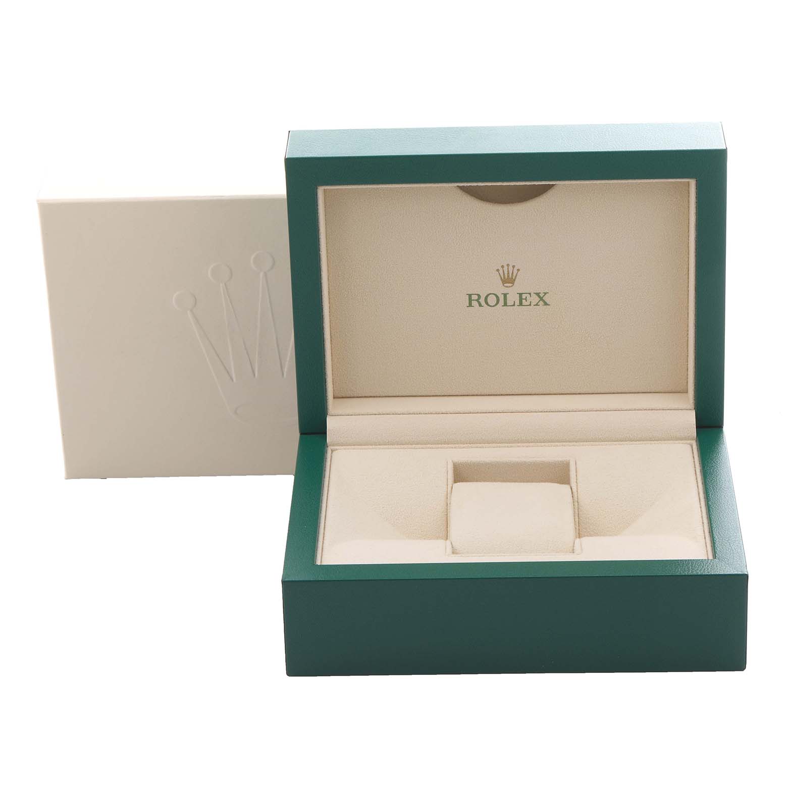 The image shows an open green Rolex Datejust 116231 Men's Steel and Gold (two tone) Pink Dial 116231 Men's Steel and Gold (two tone) Pink Dial watch box with a cushion inside, viewed from the front.