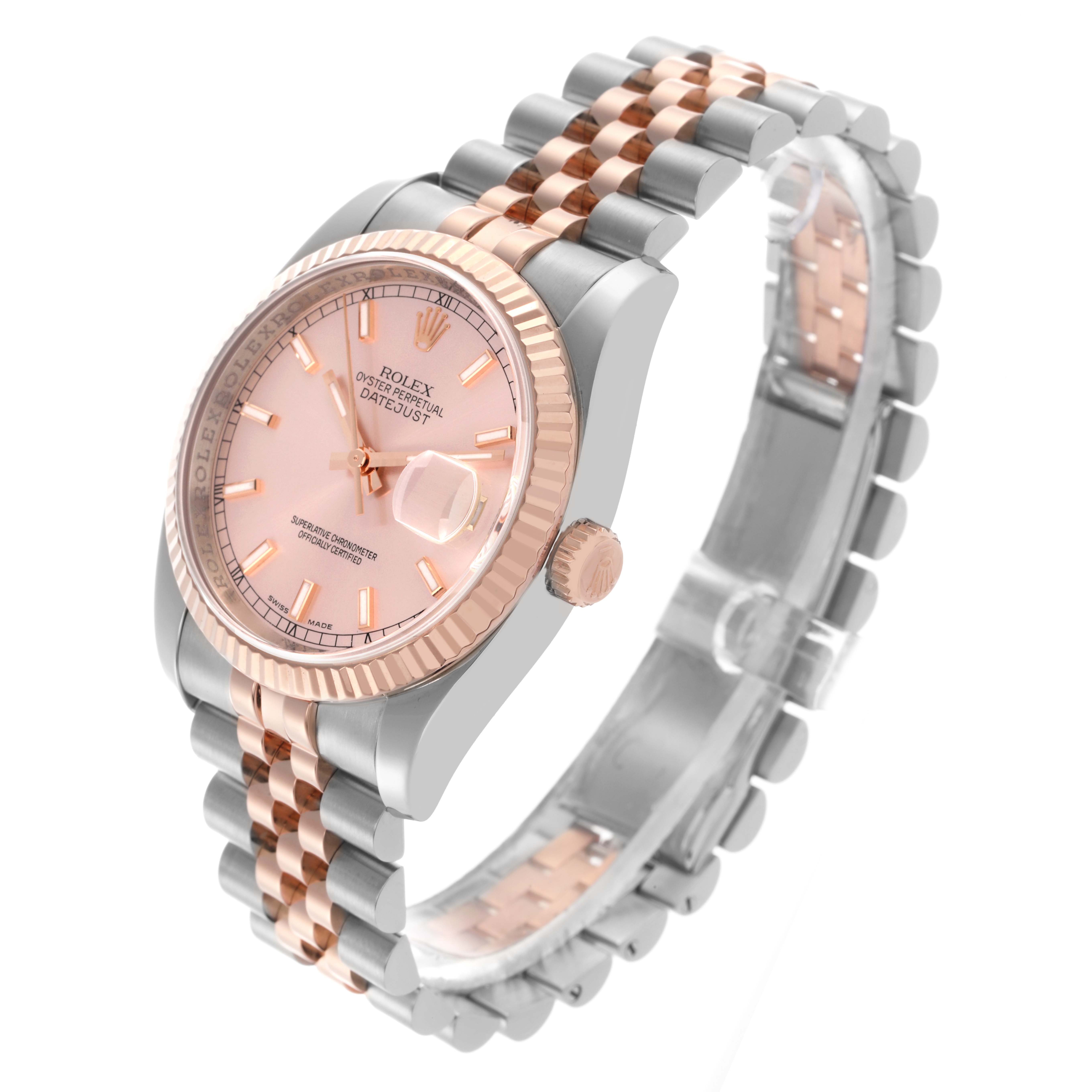 The Rolex Datejust 116231 Men's Steel and Gold (two tone) Pink Dial 116231 Men's Steel and Gold (two tone) Pink Dial watch is shown at a high angle highlighting the bezel, dial, crown, and two-tone bracelet.