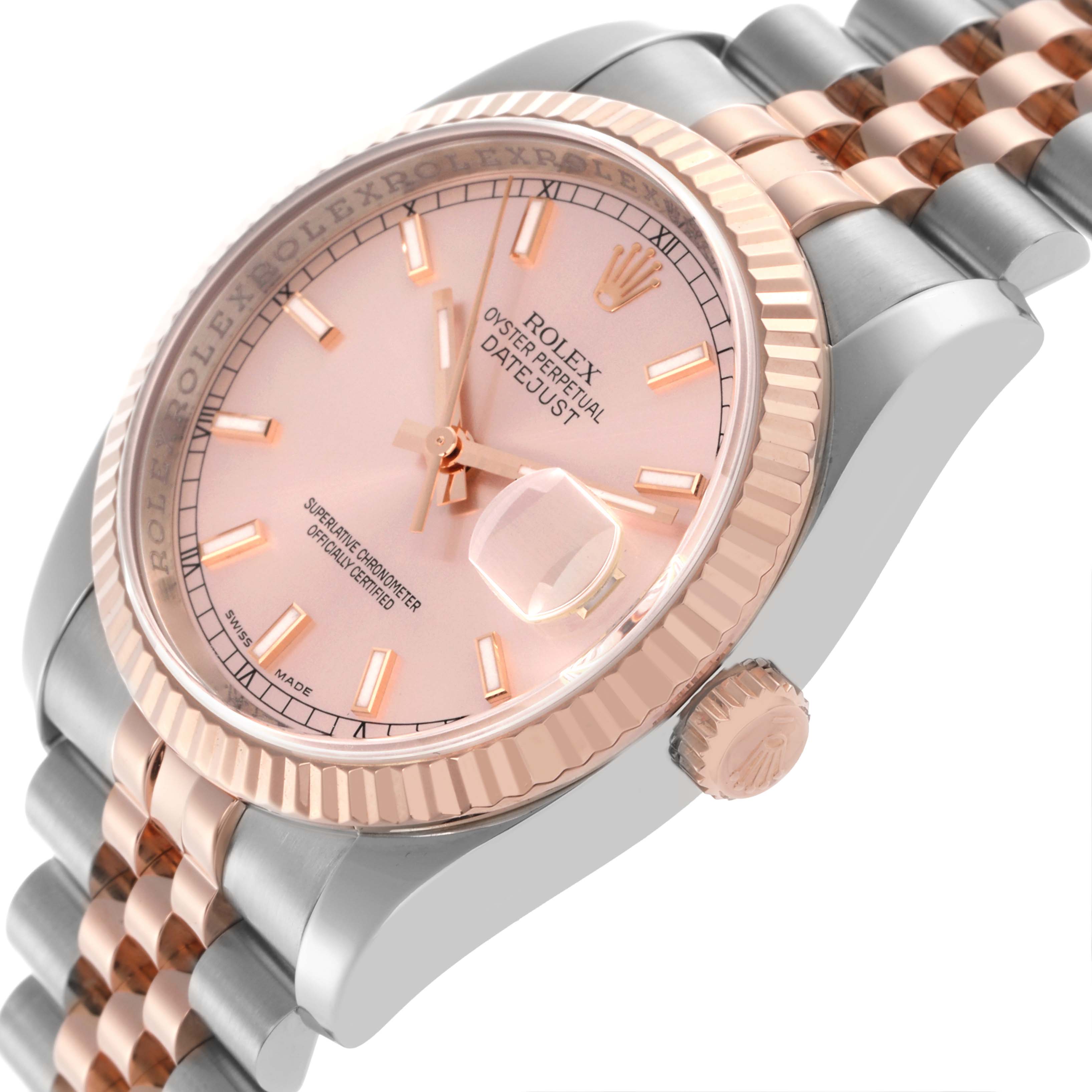 The Rolex Datejust 116231 Men's Steel and Gold (two tone) Pink Dial 116231 Men's Steel and Gold (two tone) Pink Dial is shown at an angled view highlighting the dial, case, fluted bezel, and bracelet.