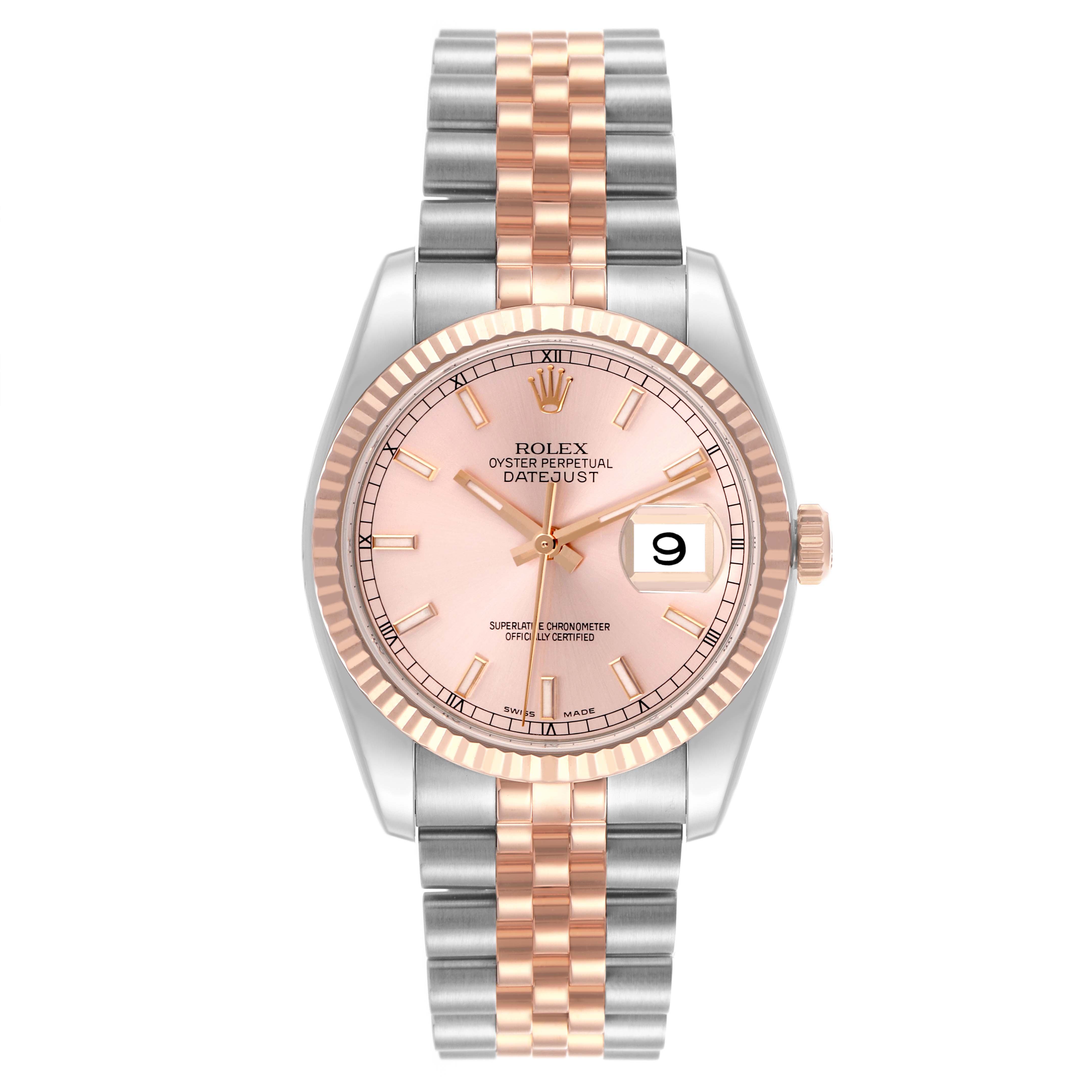The Rolex Datejust 116231 Men's Steel and Gold (two tone) Pink Dial 116231 Men's Steel and Gold (two tone) Pink Dial watch is shown from a front view, displaying the dial, bezel, and Jubilee bracelet.