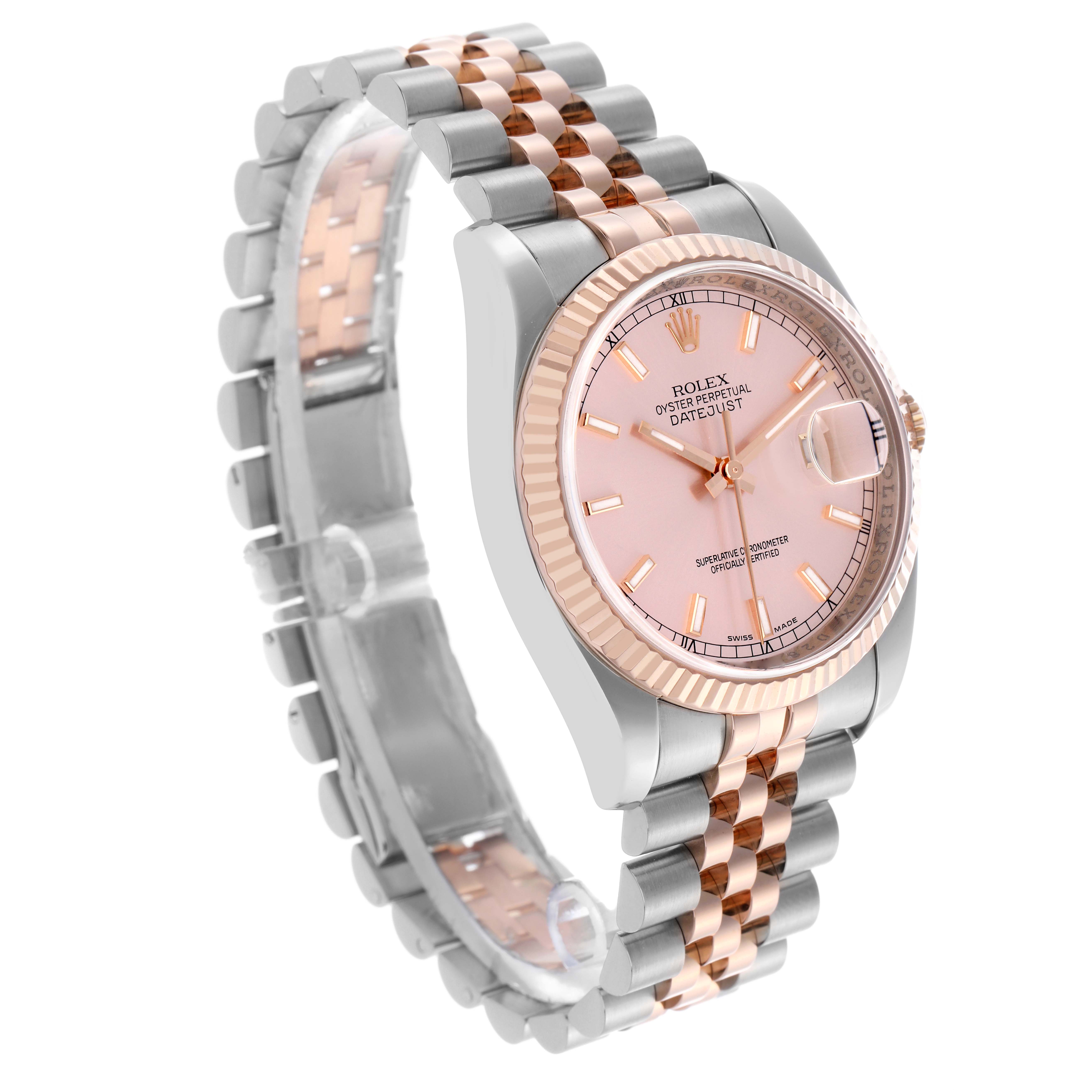 The Rolex Datejust 116231 Men's Steel and Gold (two tone) Pink Dial 116231 Men's Steel and Gold (two tone) Pink Dial watch is shown at a three-quarter angle, highlighting the face, bezel, and jubilee bracelet.