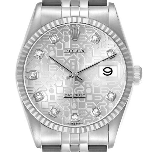 The Rolex Datejust 16234 Men's White Gold Silver Dial is shown from the front, highlighting its dial, markers, hands, date window, bezel, and bracelet.