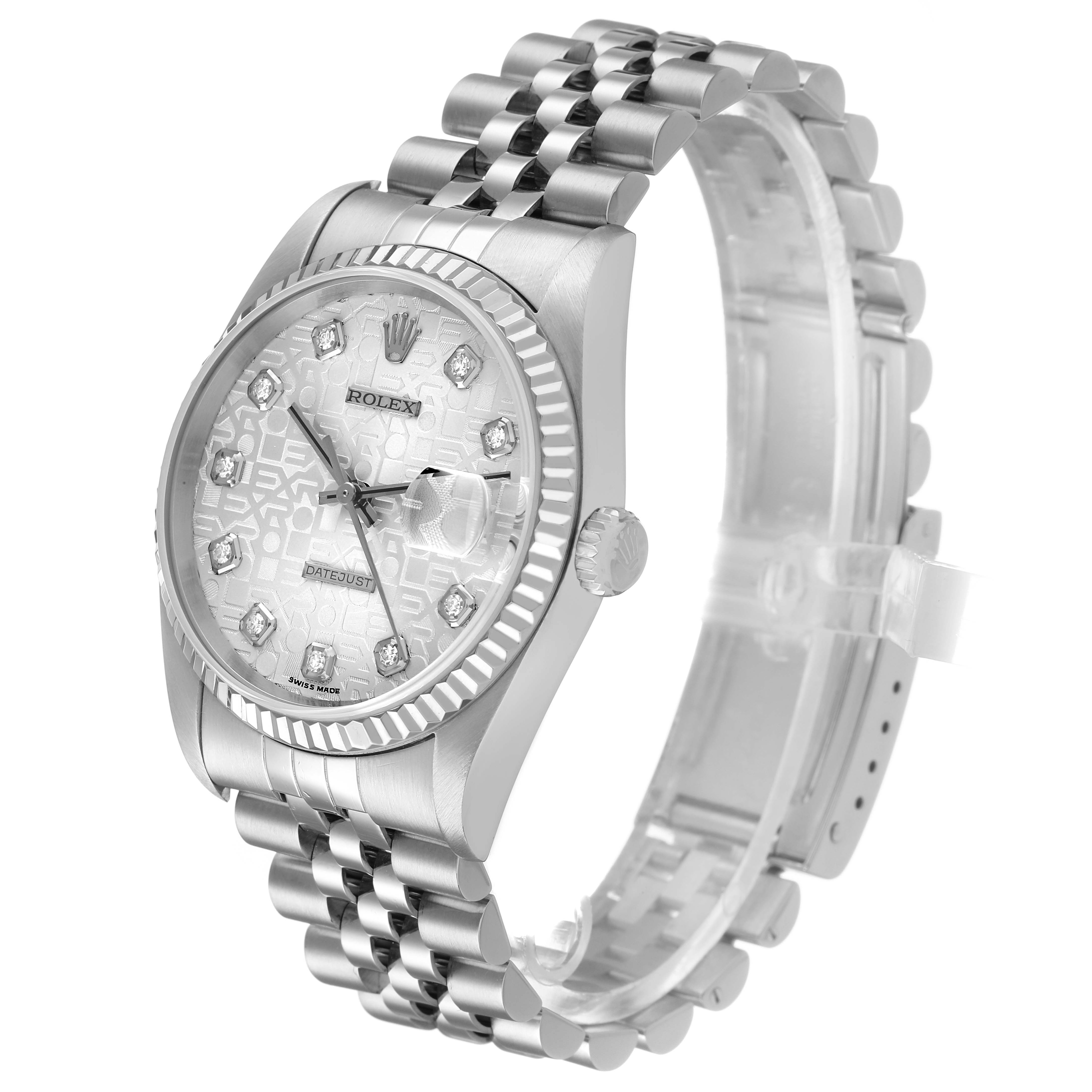 The Rolex Datejust 16234 Men's White Gold Silver Dial watch is shown at a three-quarter angle, highlighting the dial, bezel, crown, and jubilee bracelet.