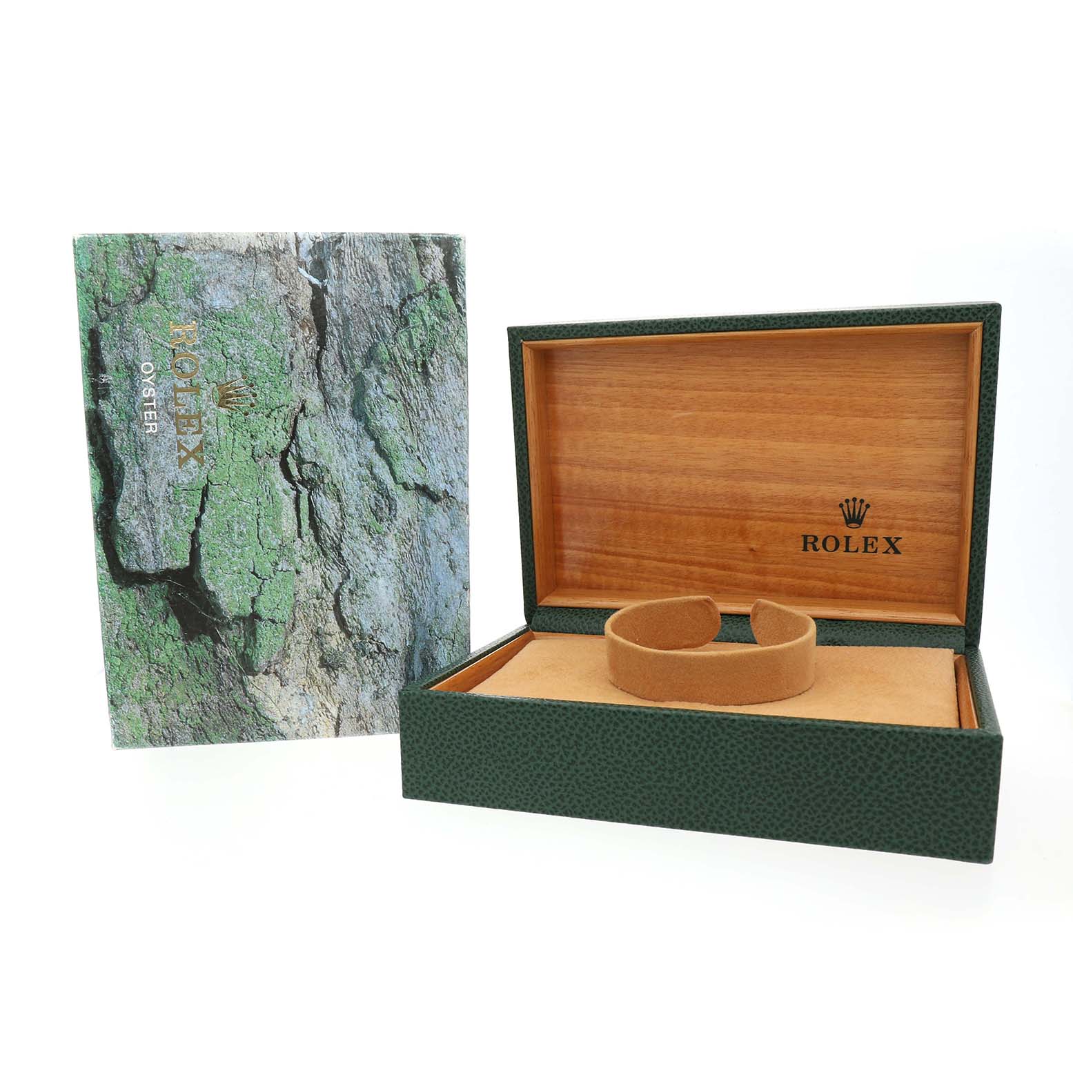 The image shows an open Rolex Datejust 16234 Men's White Gold Silver Dial watch box with a textured exterior and a matching protective sleeve.