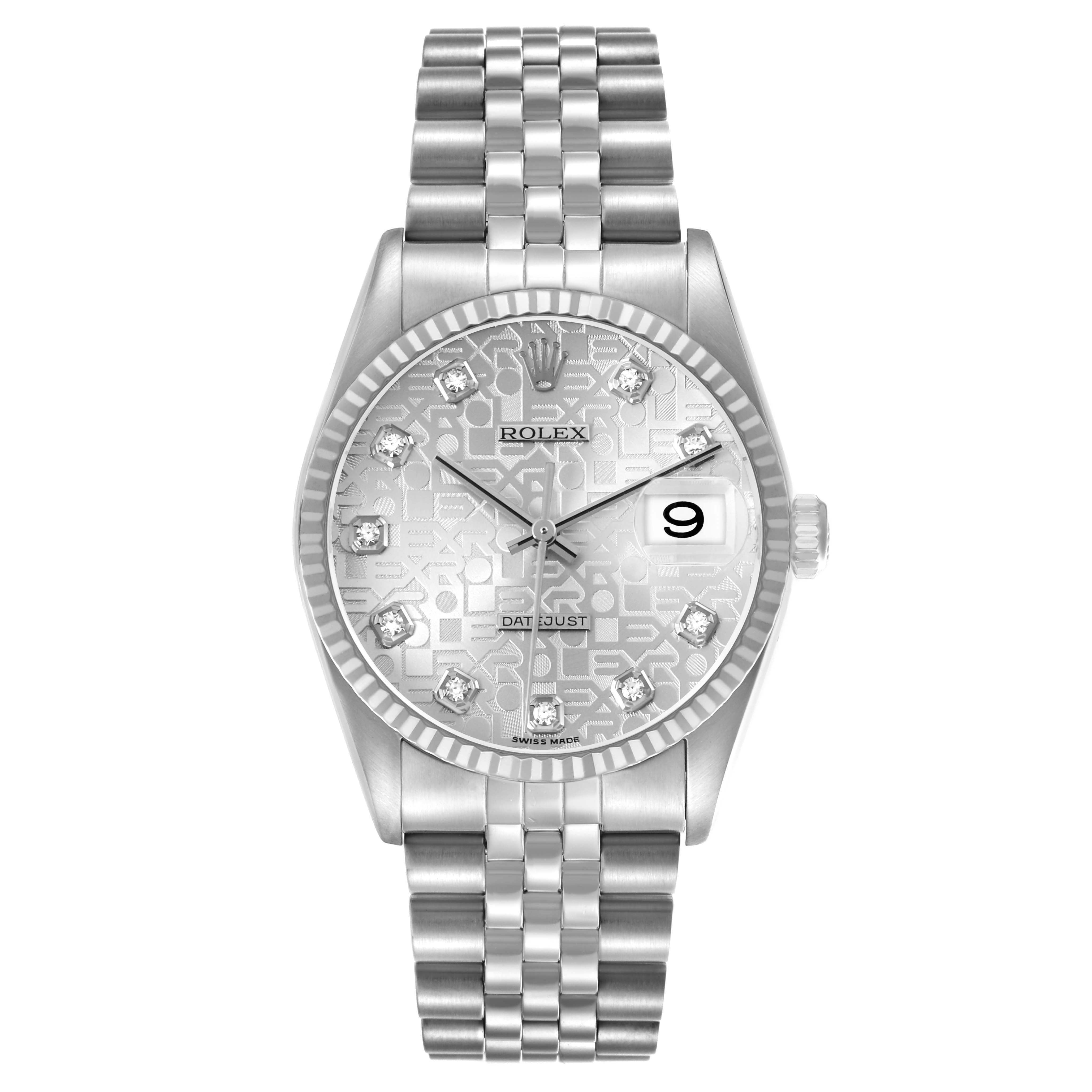 The Rolex Datejust 16234 Men's White Gold Silver Dial watch is shown from a front view, displaying its face, bezel, bracelet, and date feature.
