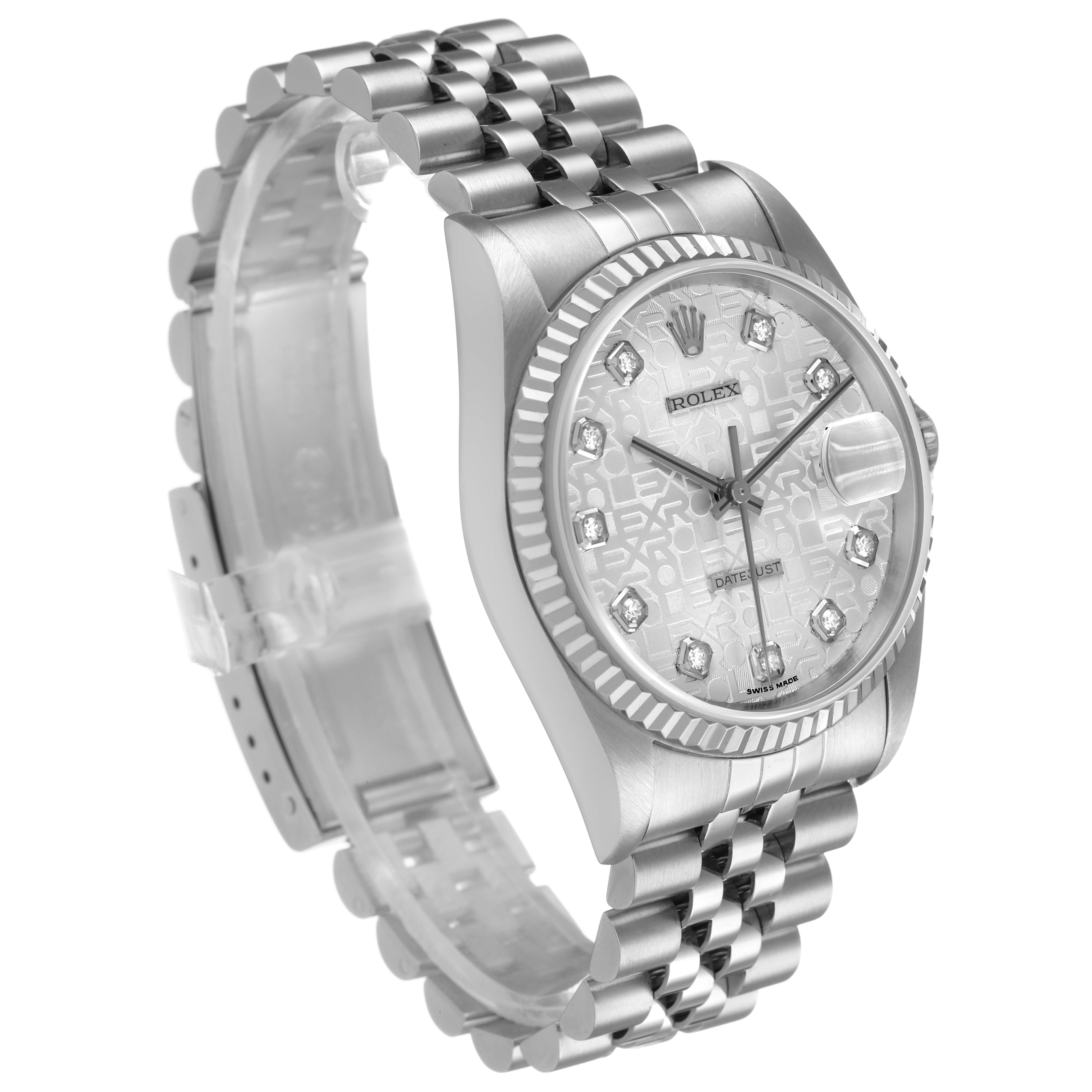 The Rolex Datejust 16234 Men's White Gold Silver Dial watch is shown at a three-quarter angle displaying the dial, bezel, and part of the bracelet.