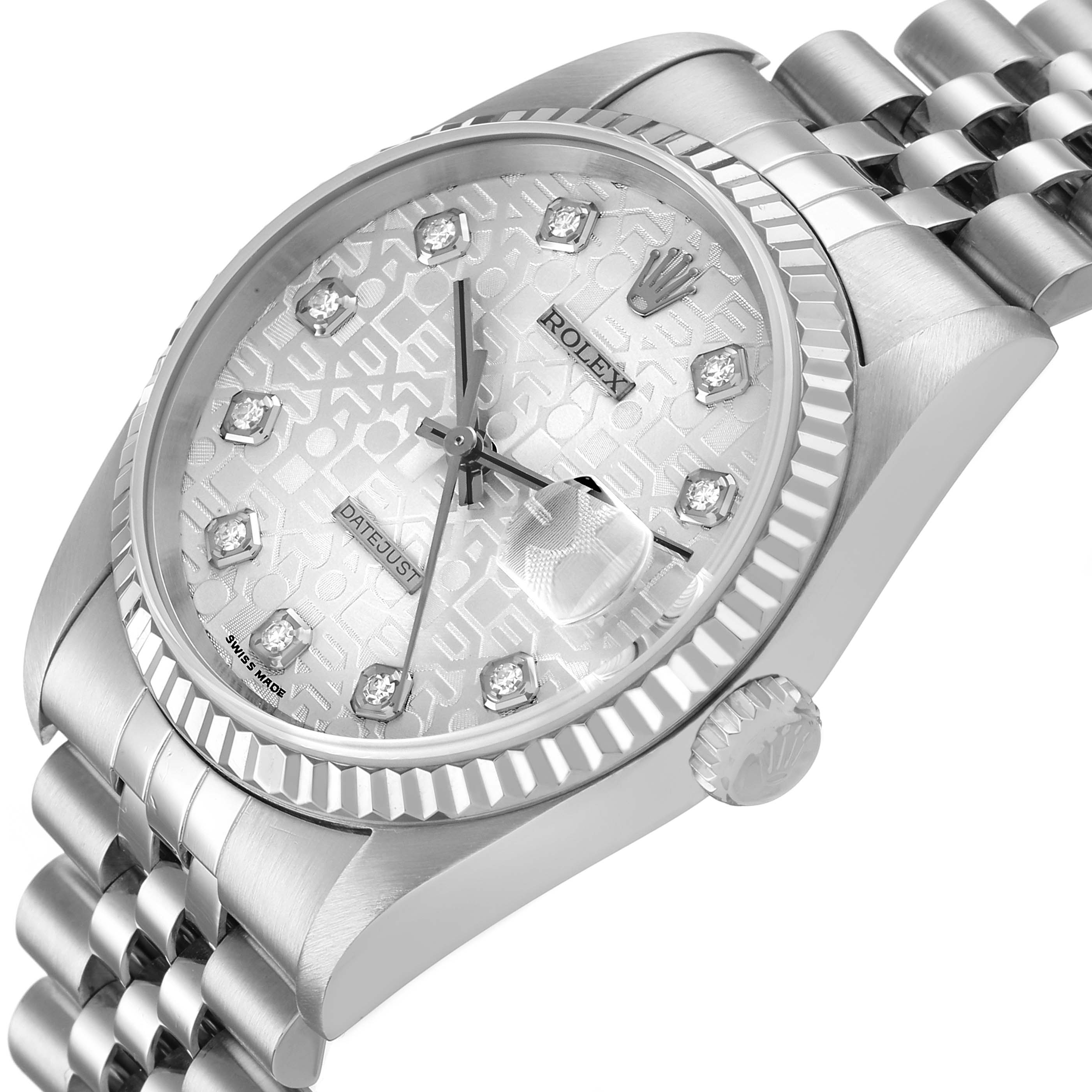 The Rolex Datejust 16234 Men's White Gold Silver Dial watch is shown from a top-side angle, highlighting the dial, bezel, crown, and part of the bracelet.
