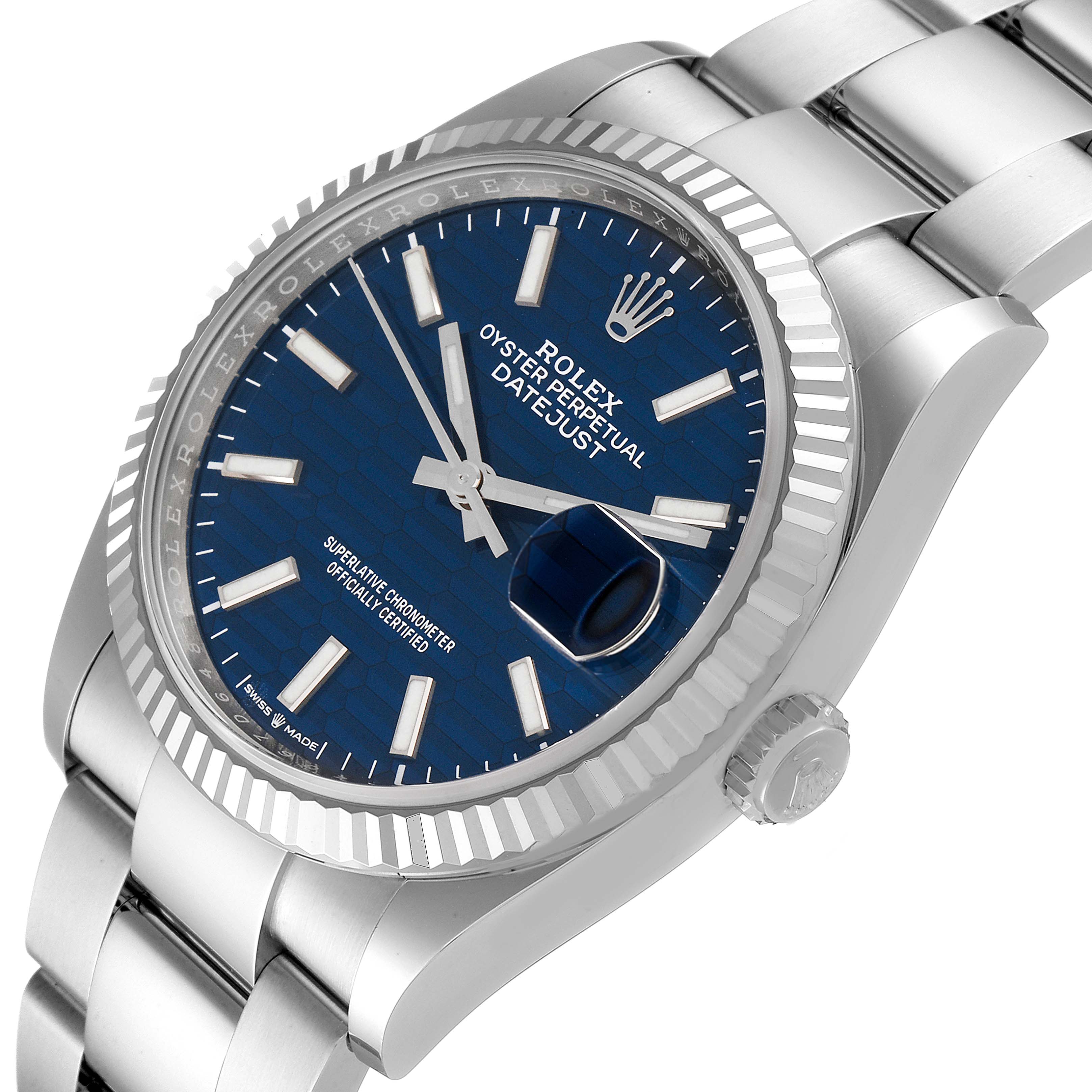The image shows a close-up angle of a Rolex Datejust 126234 Men
s Stainless Steel Blue Dial 126234 Men
s Stainless Steel Blue Dial watch, highlighting the blue dial, bezel, and part of the bracelet.