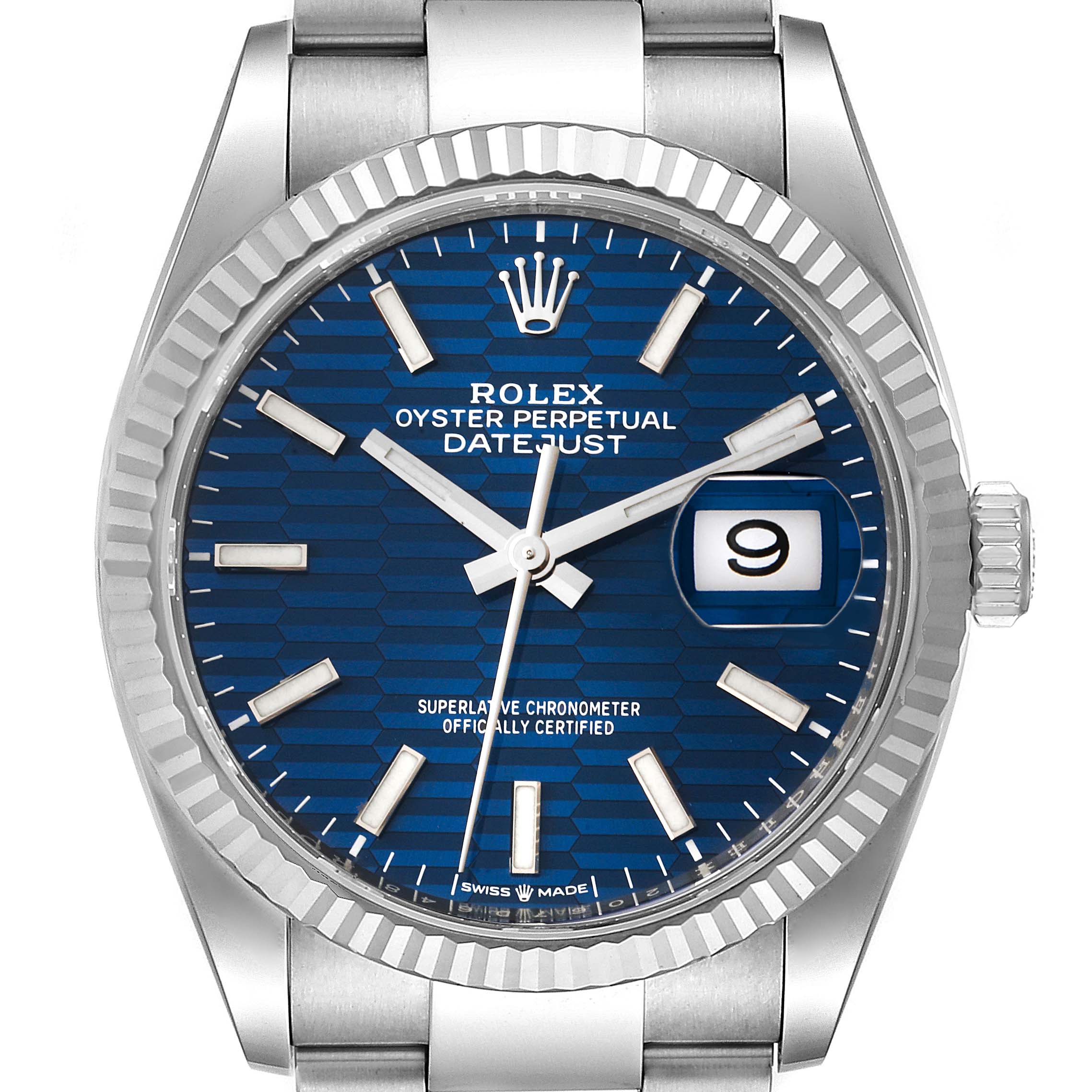 This image shows a front view of a Rolex Datejust 126234 Men
s Stainless Steel Blue Dial 126234 Men
s Stainless Steel Blue Dial watch, highlighting its blue dial, fluted bezel, and date window.