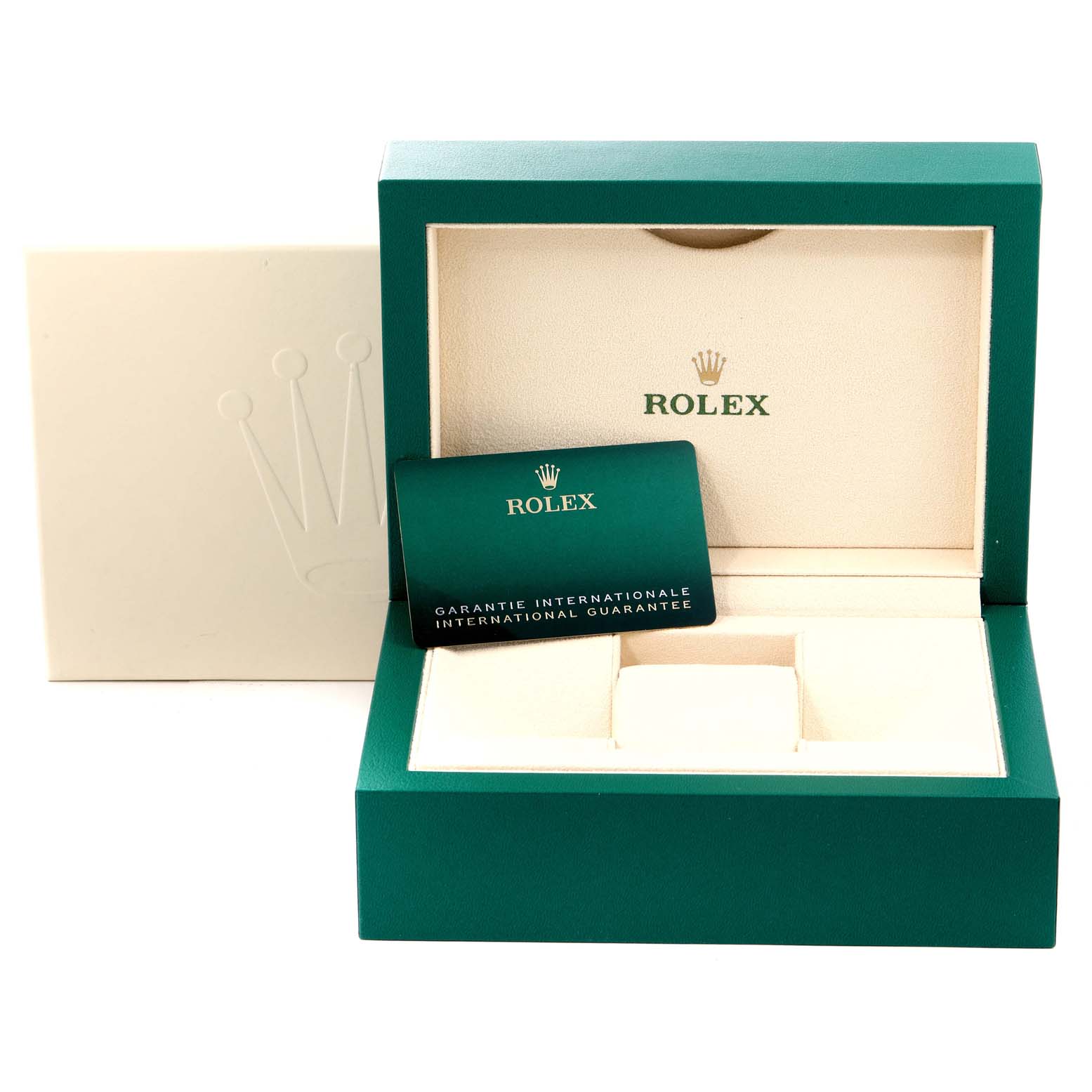 The image shows the packaging and international guarantee card for a Rolex Datejust 126234 Men
s Stainless Steel Blue Dial 126234 Men
s Stainless Steel Blue Dial model watch.
